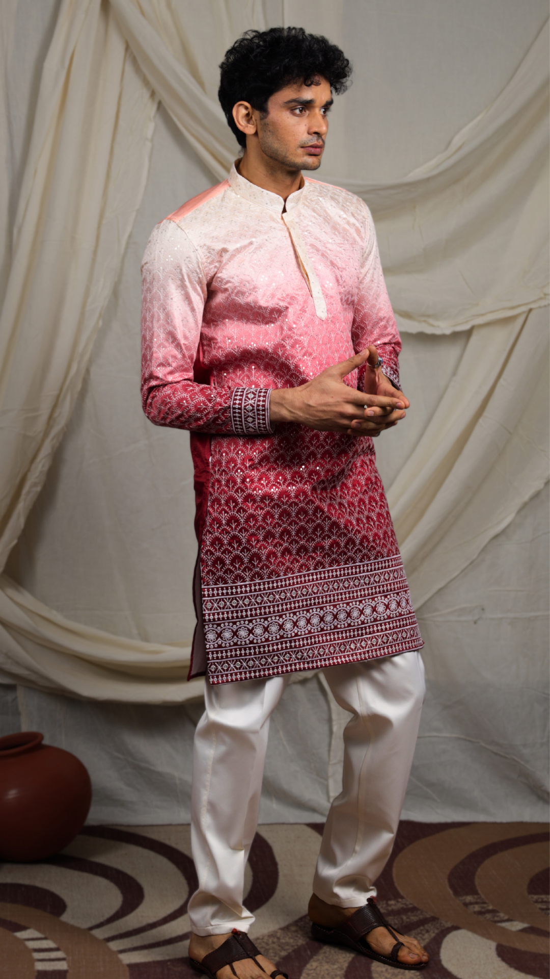 Maroon Silk Blend Lucknowi Embroidered Kurta