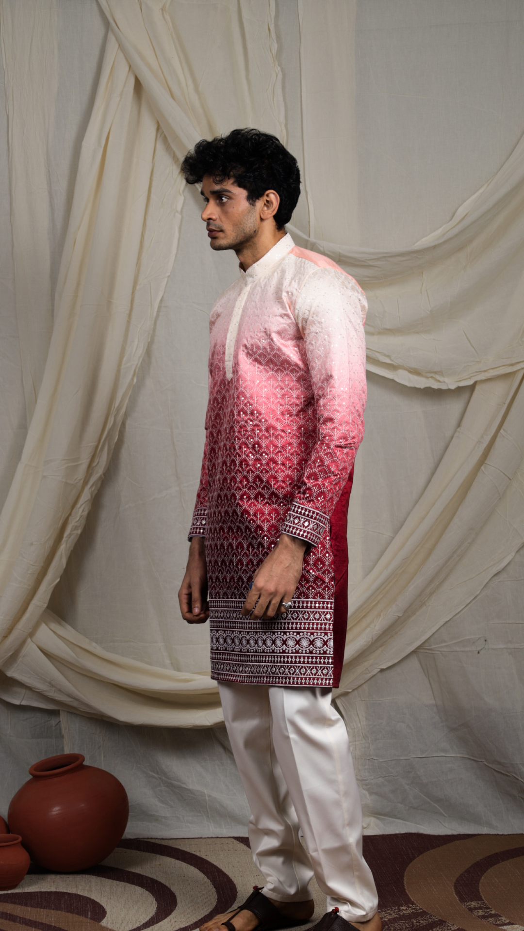 Maroon Silk Blend Lucknowi Embroidered Kurta