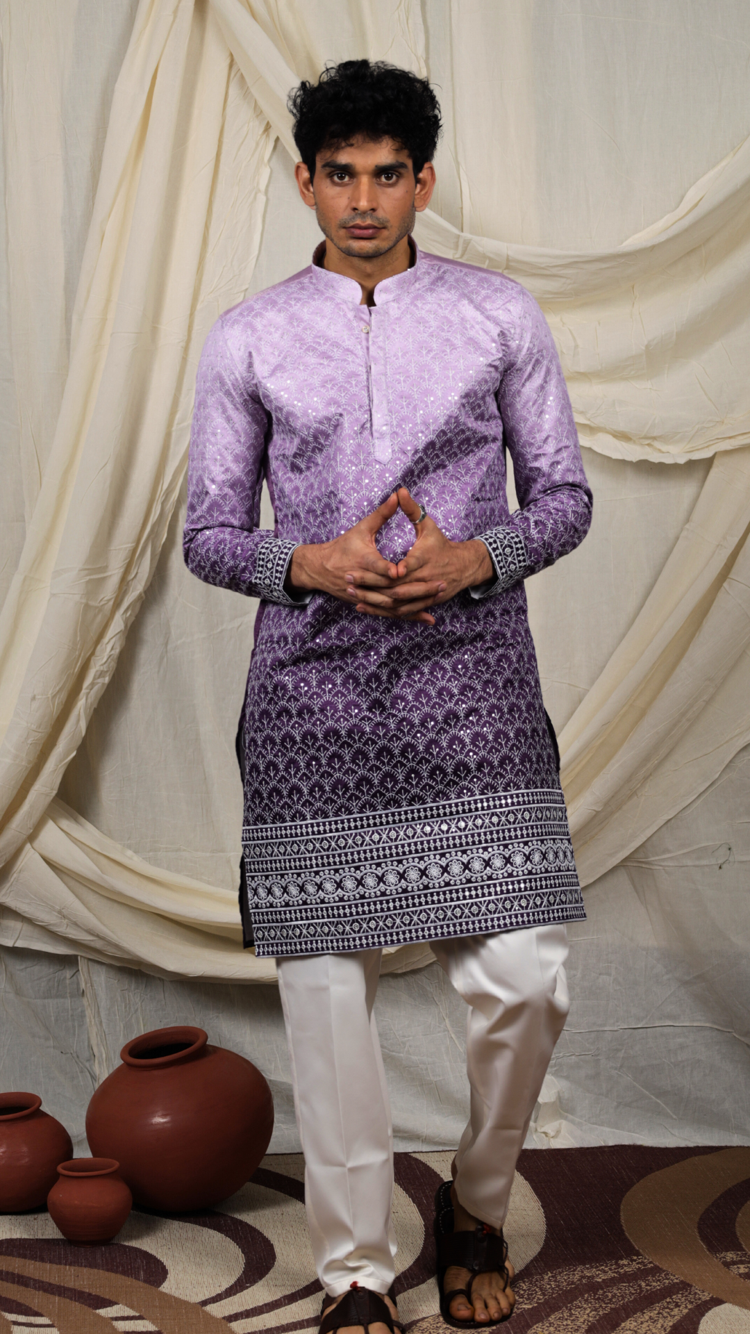 Royal Purple Silk Blend Lucknowi Embroidered Kurta
