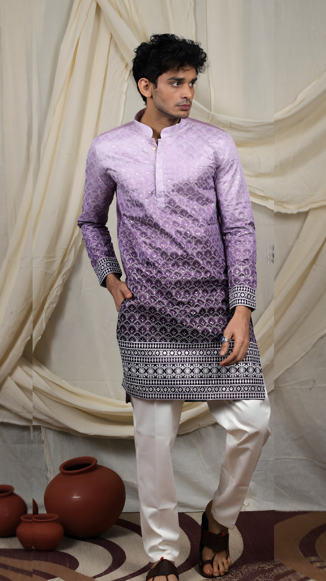 Royal Purple Silk Blend Lucknowi Embroidered Kurta