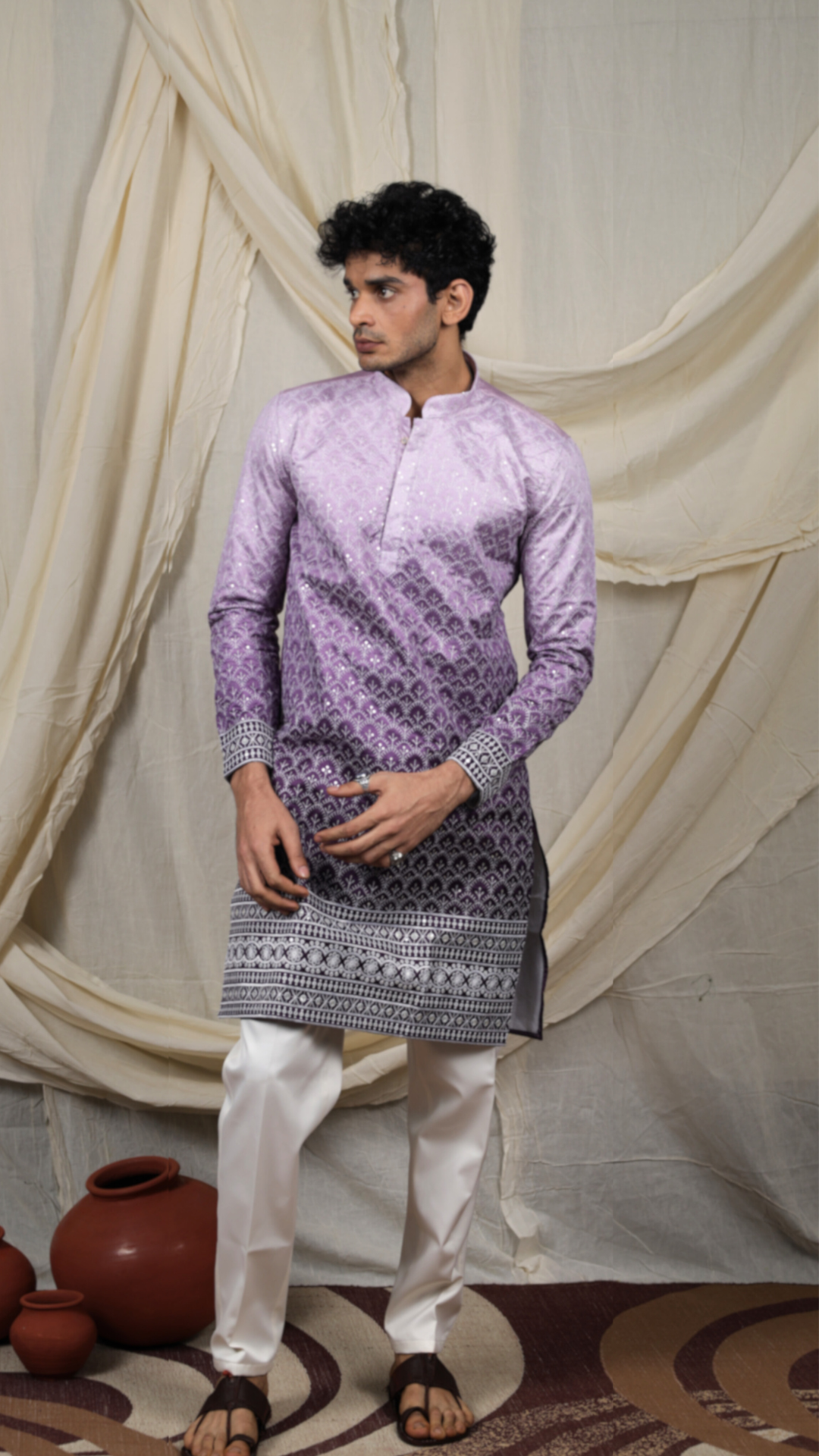 Royal Purple Silk Blend Lucknowi Embroidered Kurta