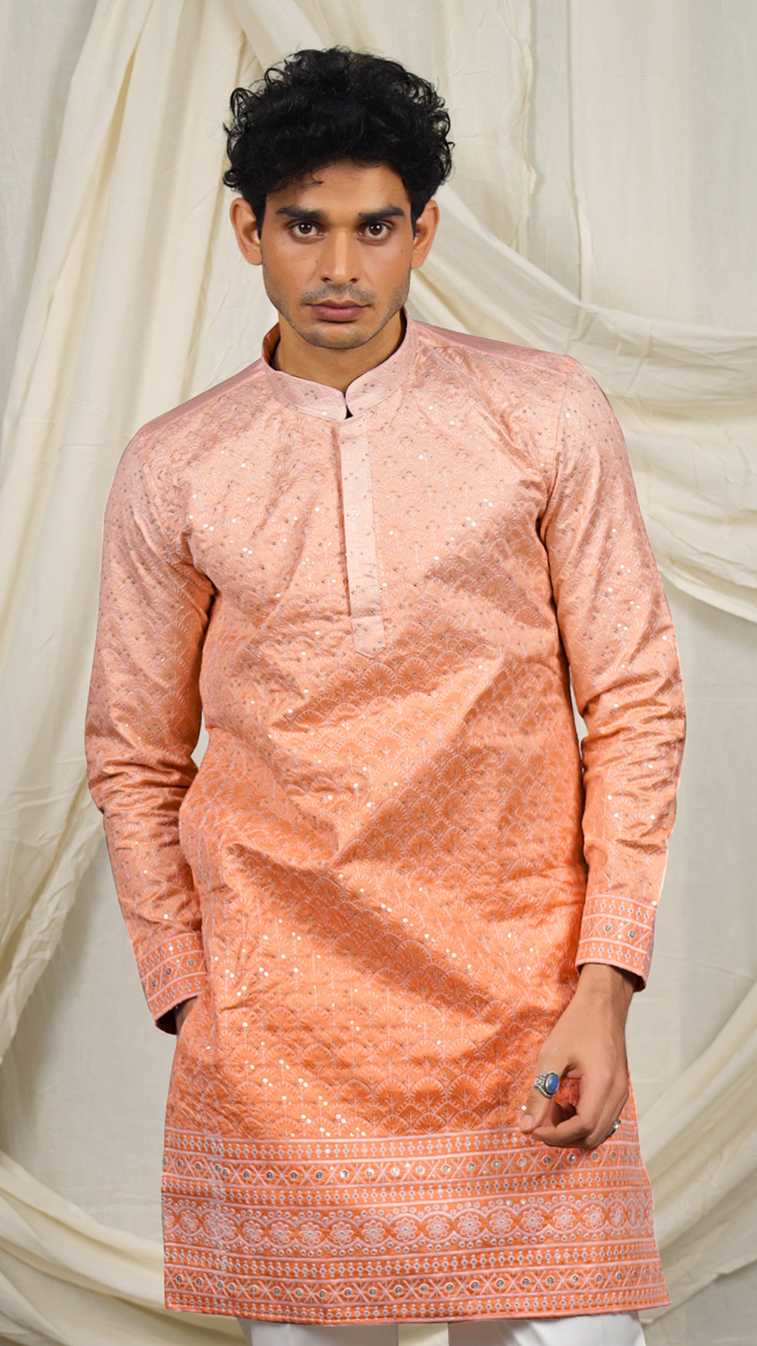 Orange Lucknowi Embroidery Work Kurta