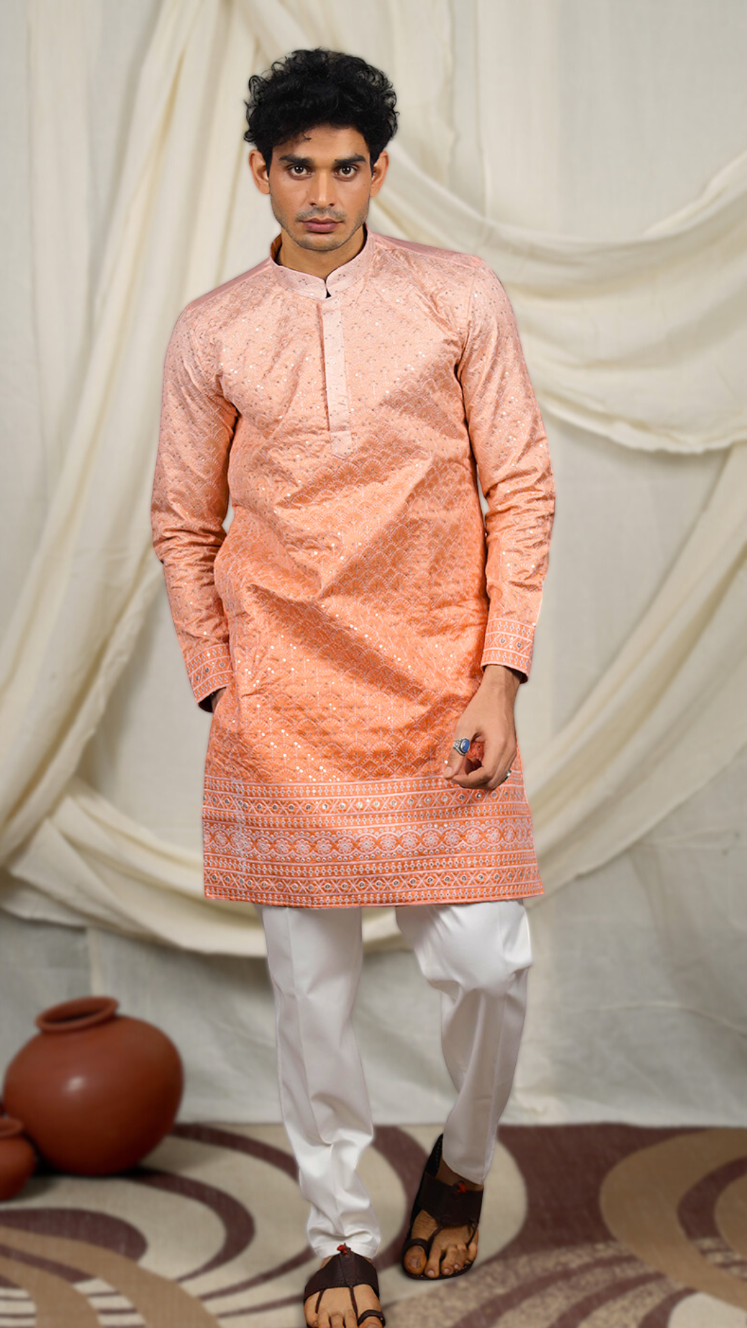 Orange Lucknowi Embroidery Work Kurta