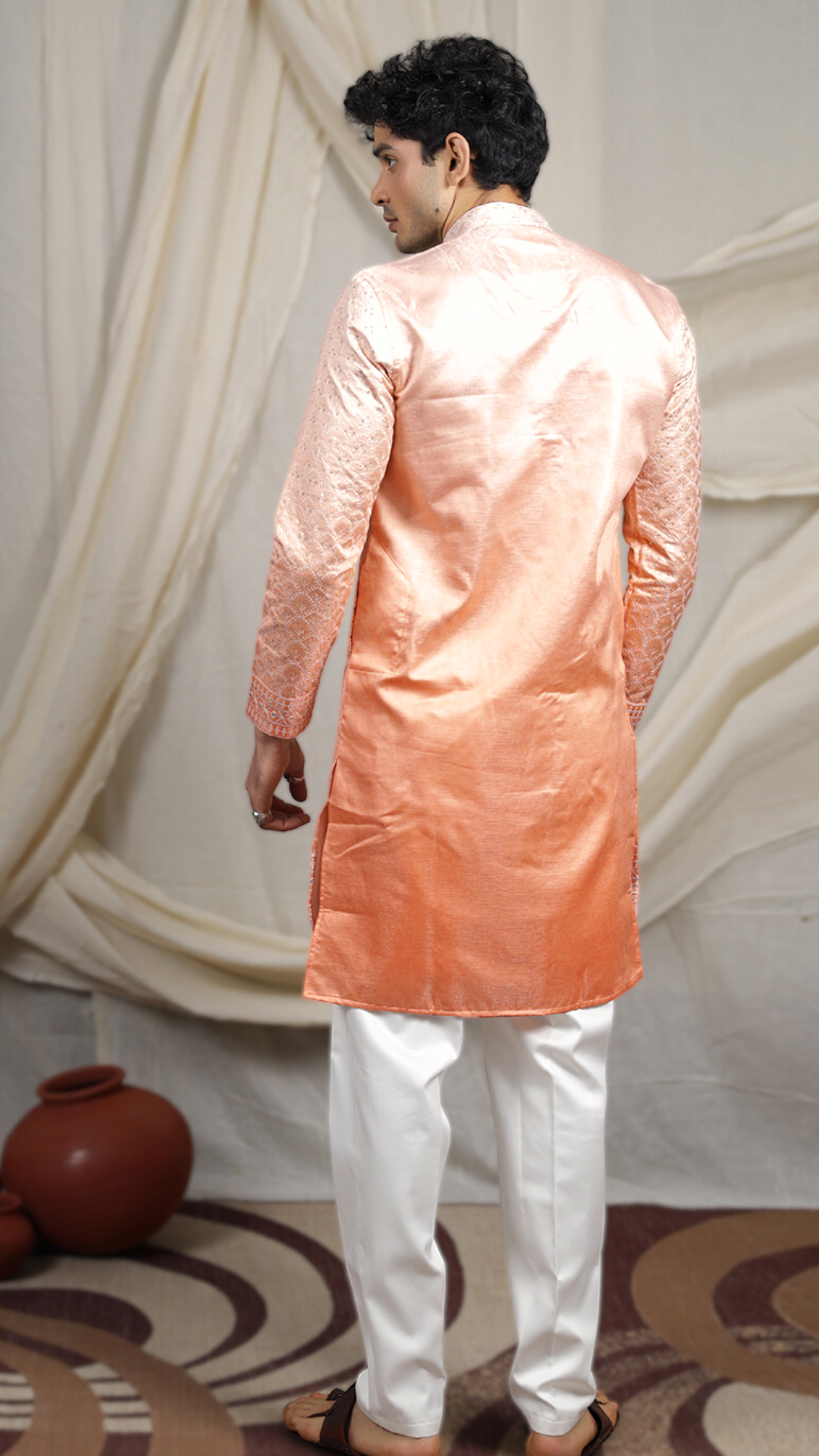 Orange Lucknowi Embroidery Work Kurta