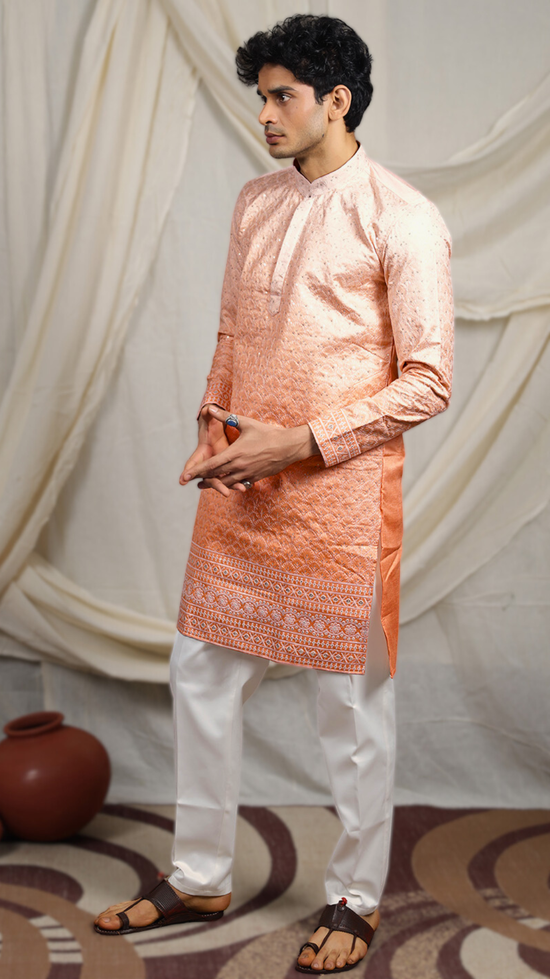 Orange Lucknowi Embroidery Work Kurta
