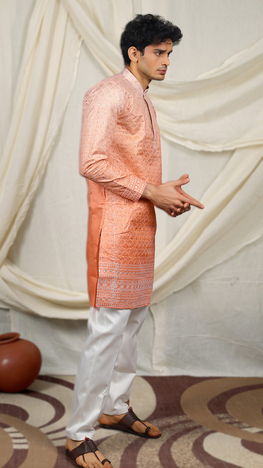 Orange Lucknowi Embroidery Work Kurta