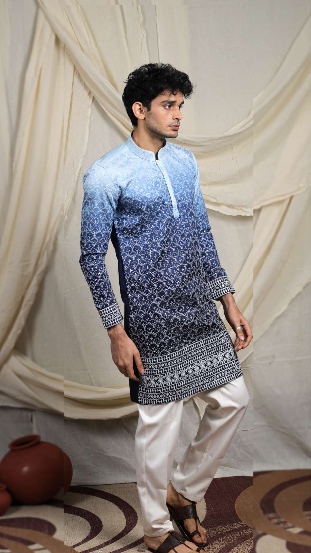 Navy Lucknowi Embroidery Work Kurta