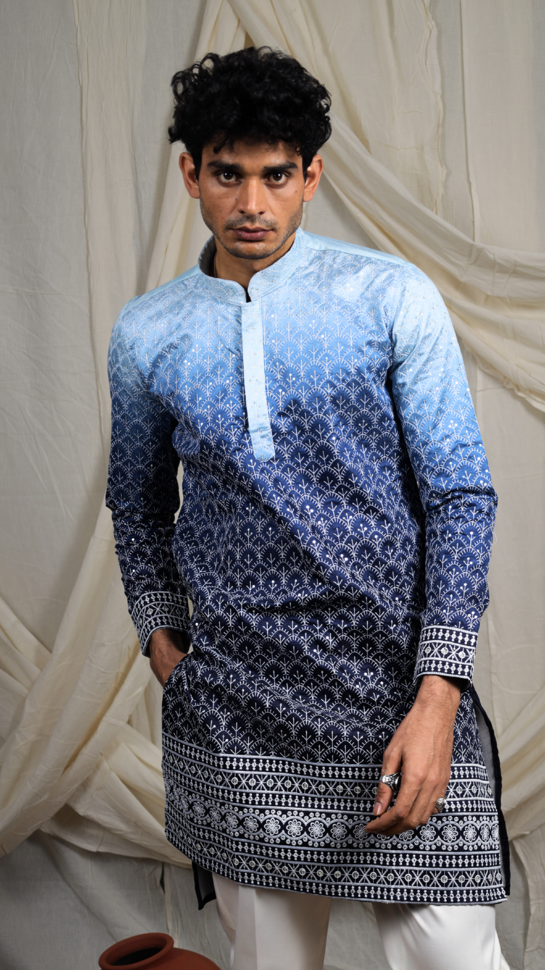 Navy Lucknowi Embroidery Work Kurta