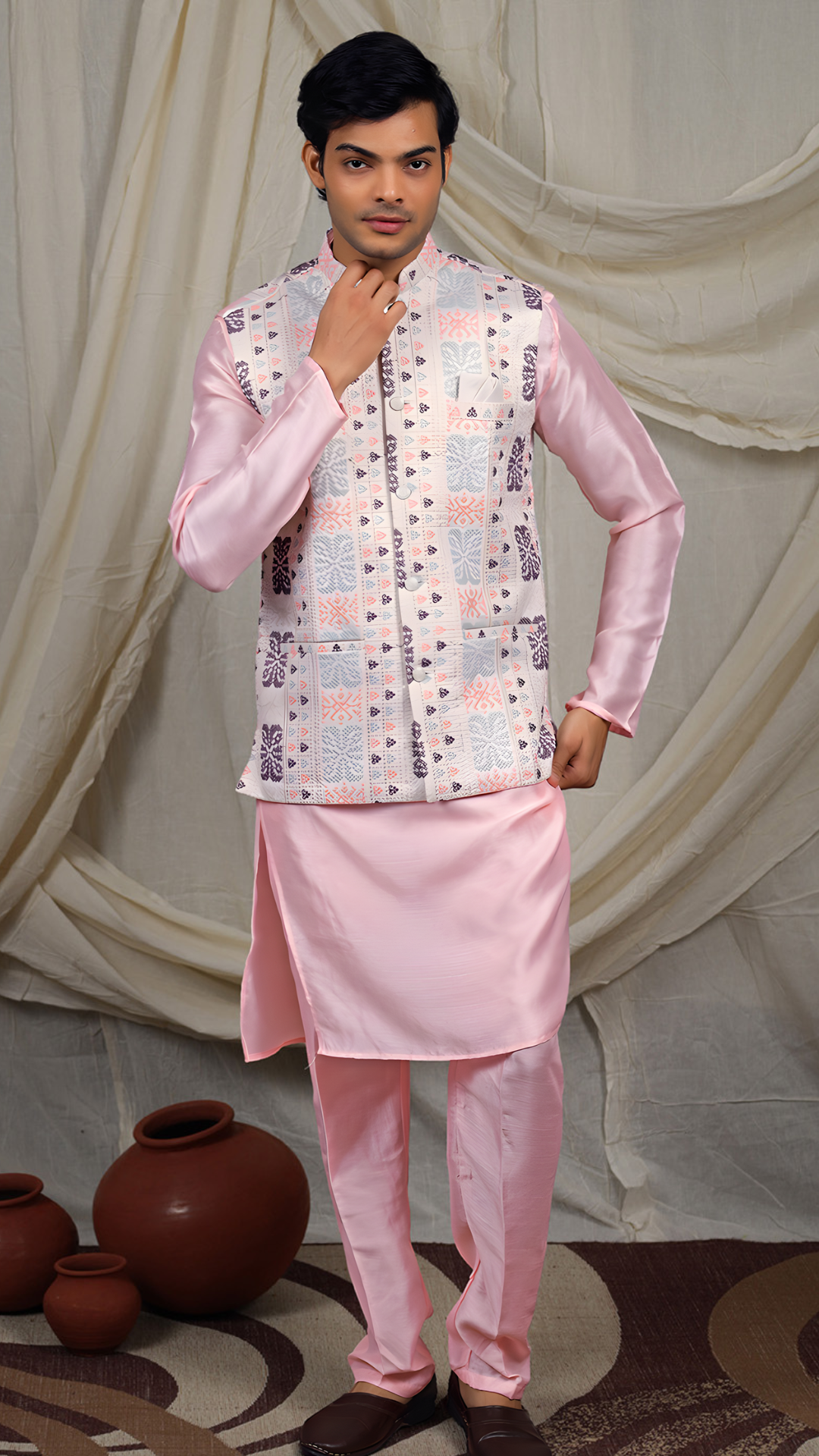 Pastel Pink Silk Blend Kurta Pant Set with Ivory Nehru Jacket