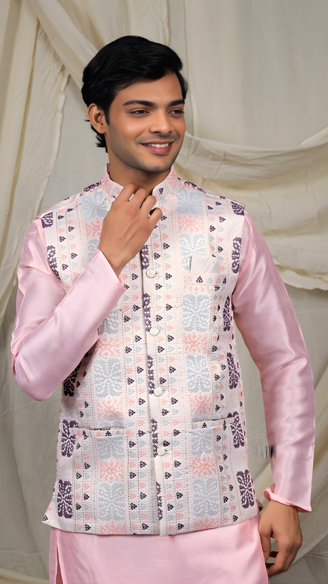 Pastel Pink Silk Blend Kurta Pant Set with Ivory Nehru Jacket