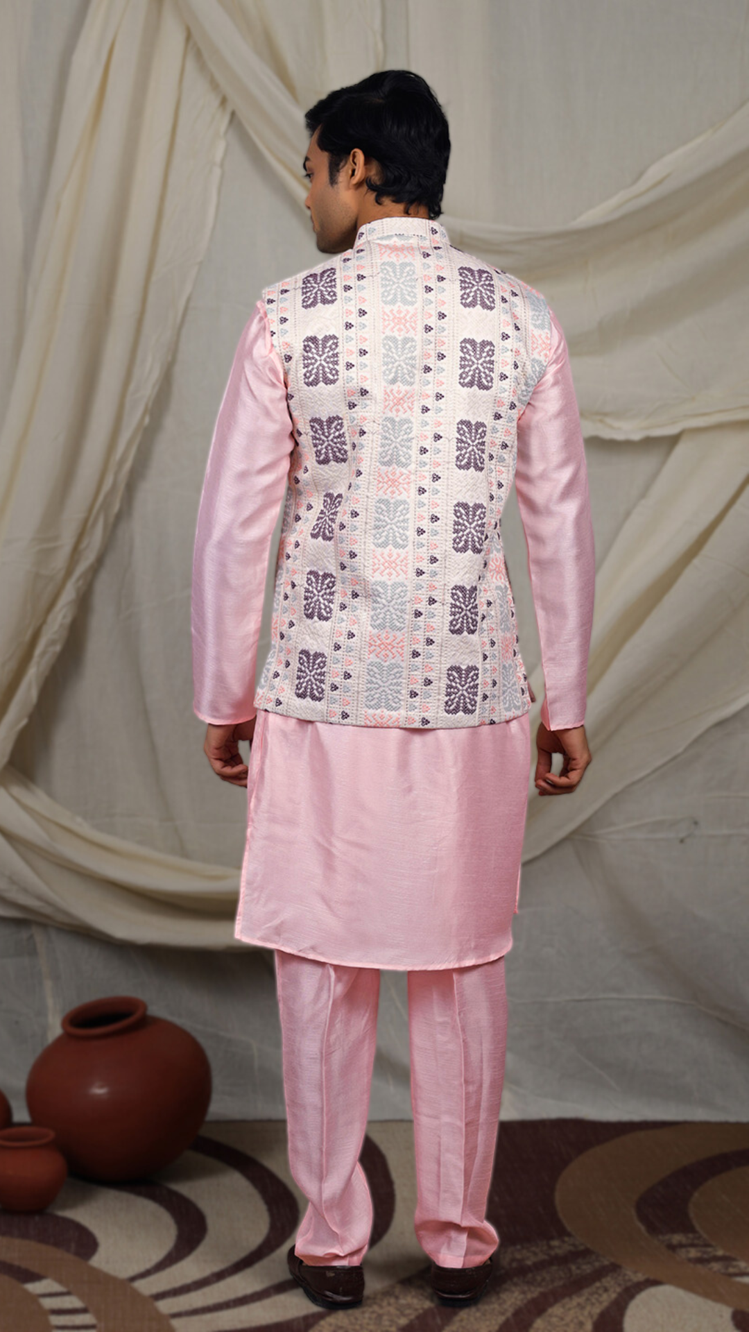 Pastel Pink Silk Blend Kurta Pant Set with Ivory Nehru Jacket