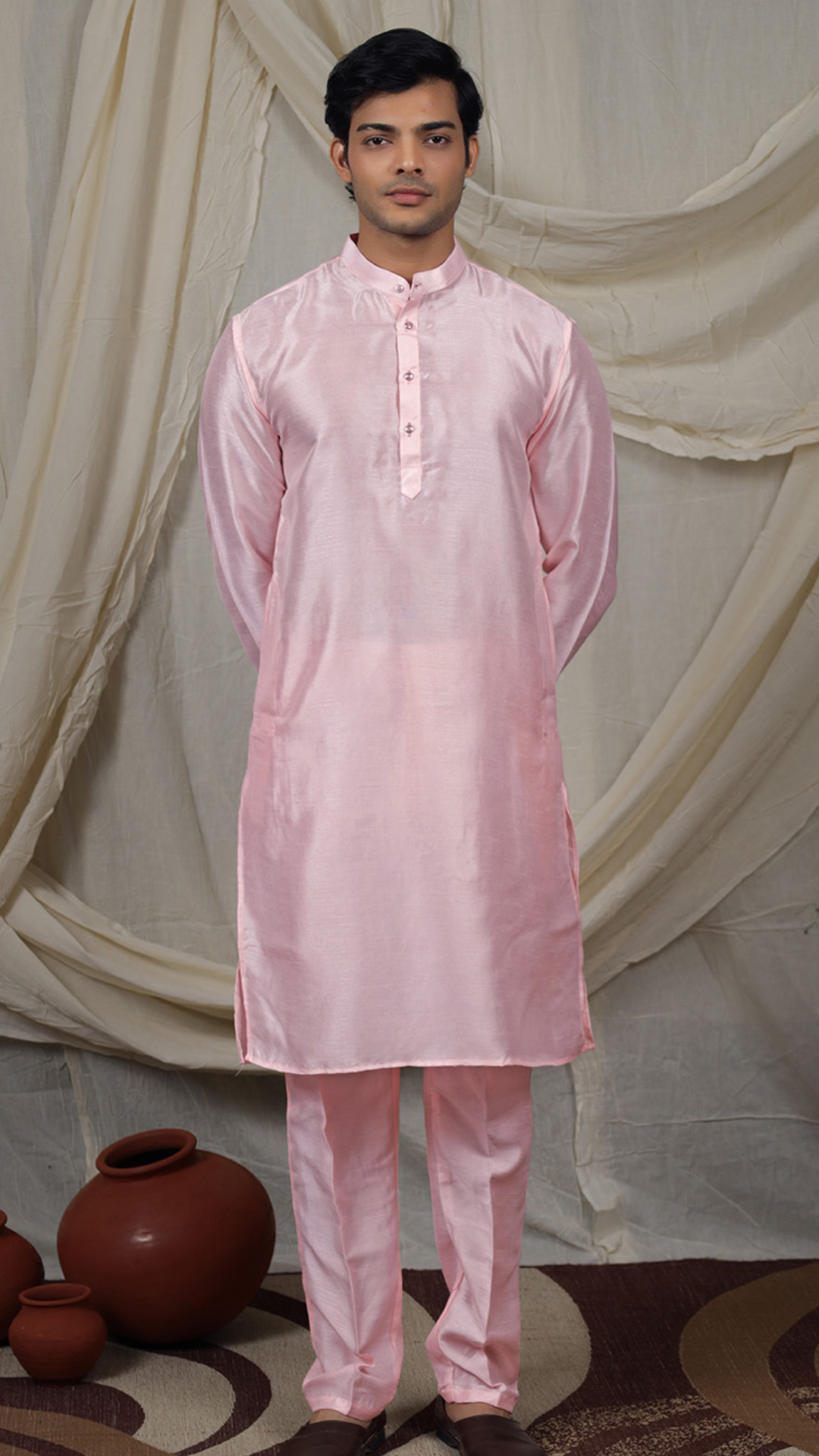 Pastel Pink Silk Blend Kurta Pant Set with Ivory Nehru Jacket