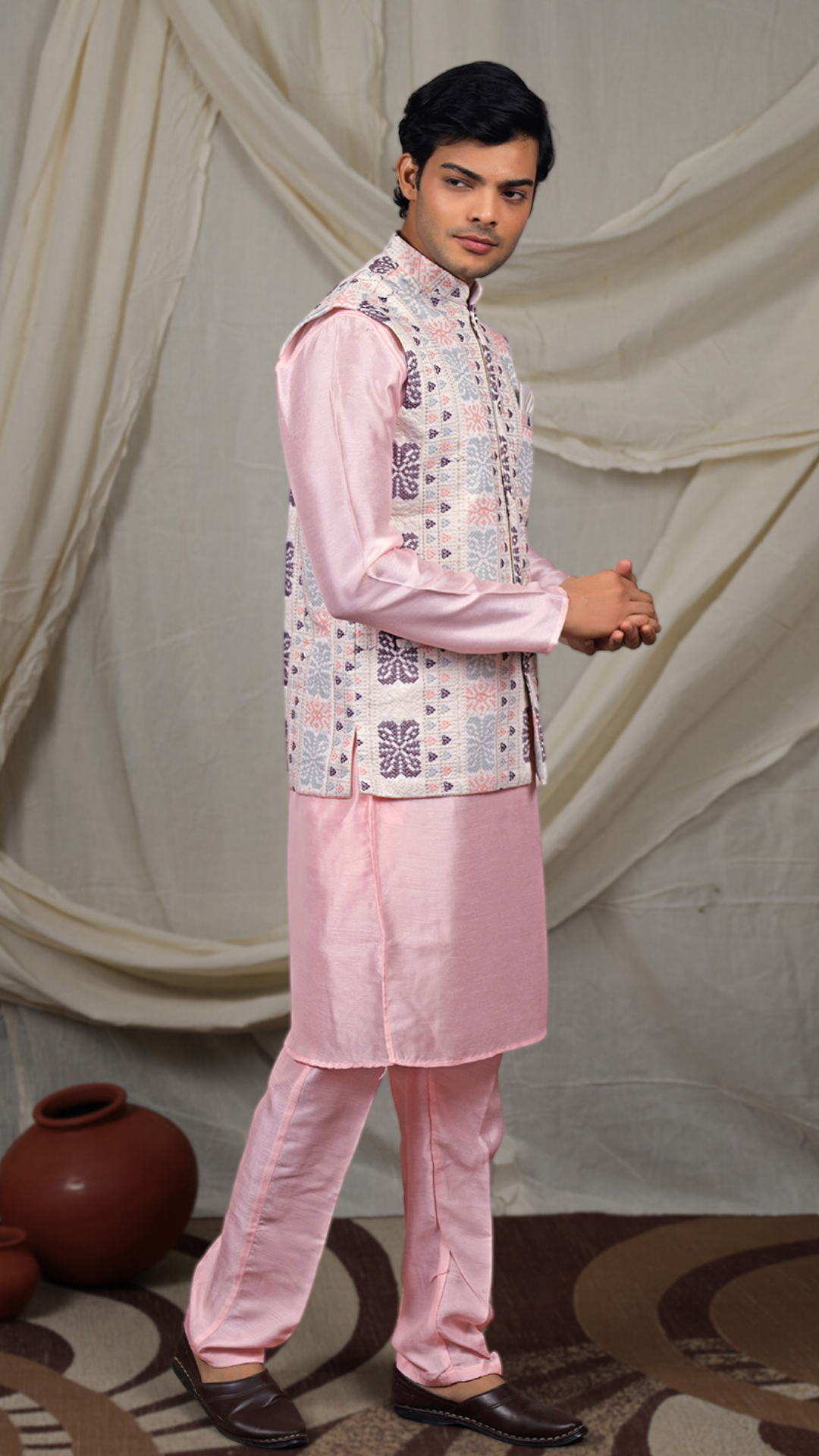 Pastel Pink Silk Blend Kurta Pant Set with Ivory Nehru Jacket