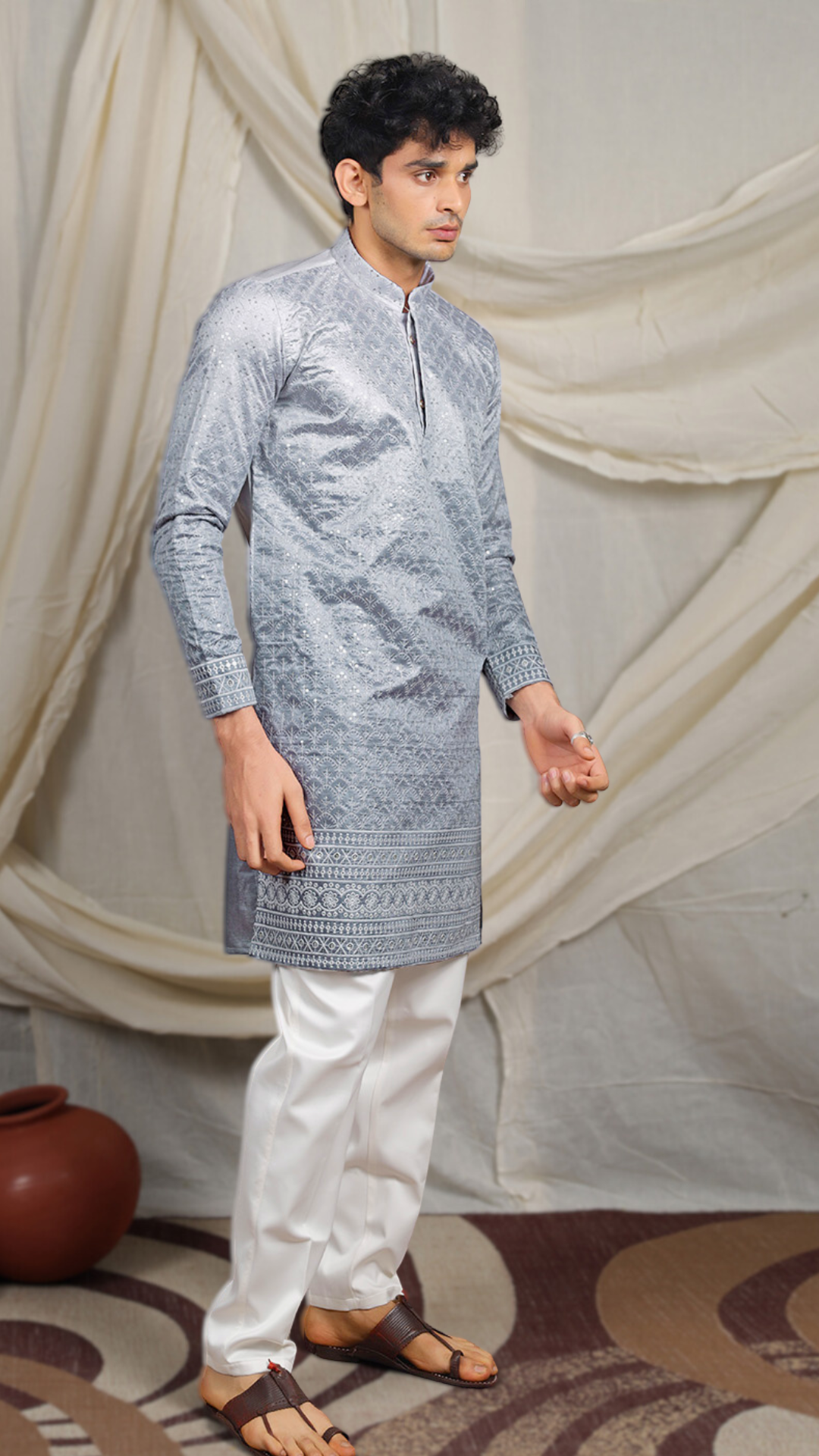 Grey Lucknowi Embroidery Work Kurta