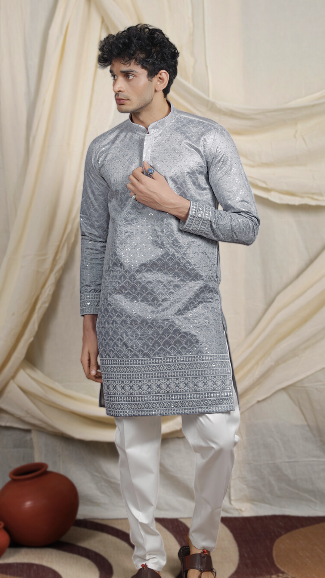 Grey Lucknowi Embroidery Work Kurta