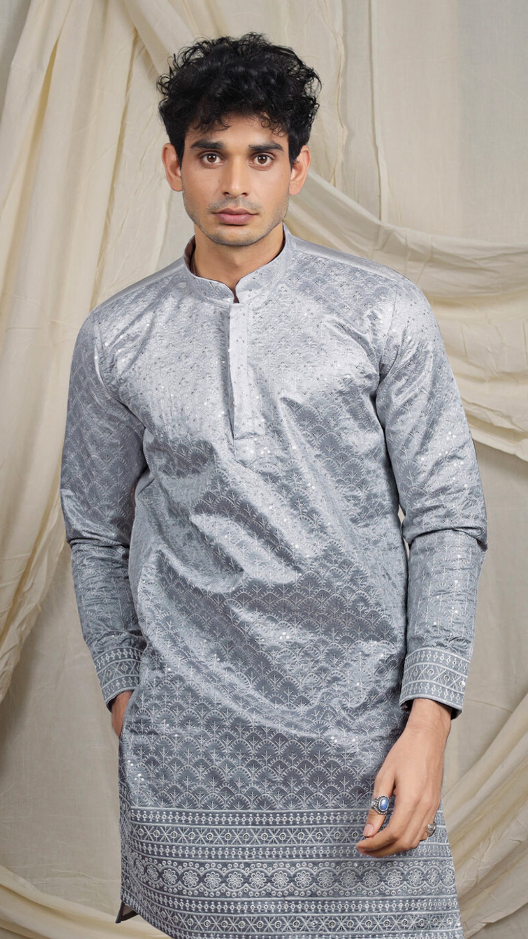 Grey Lucknowi Embroidery Work Kurta