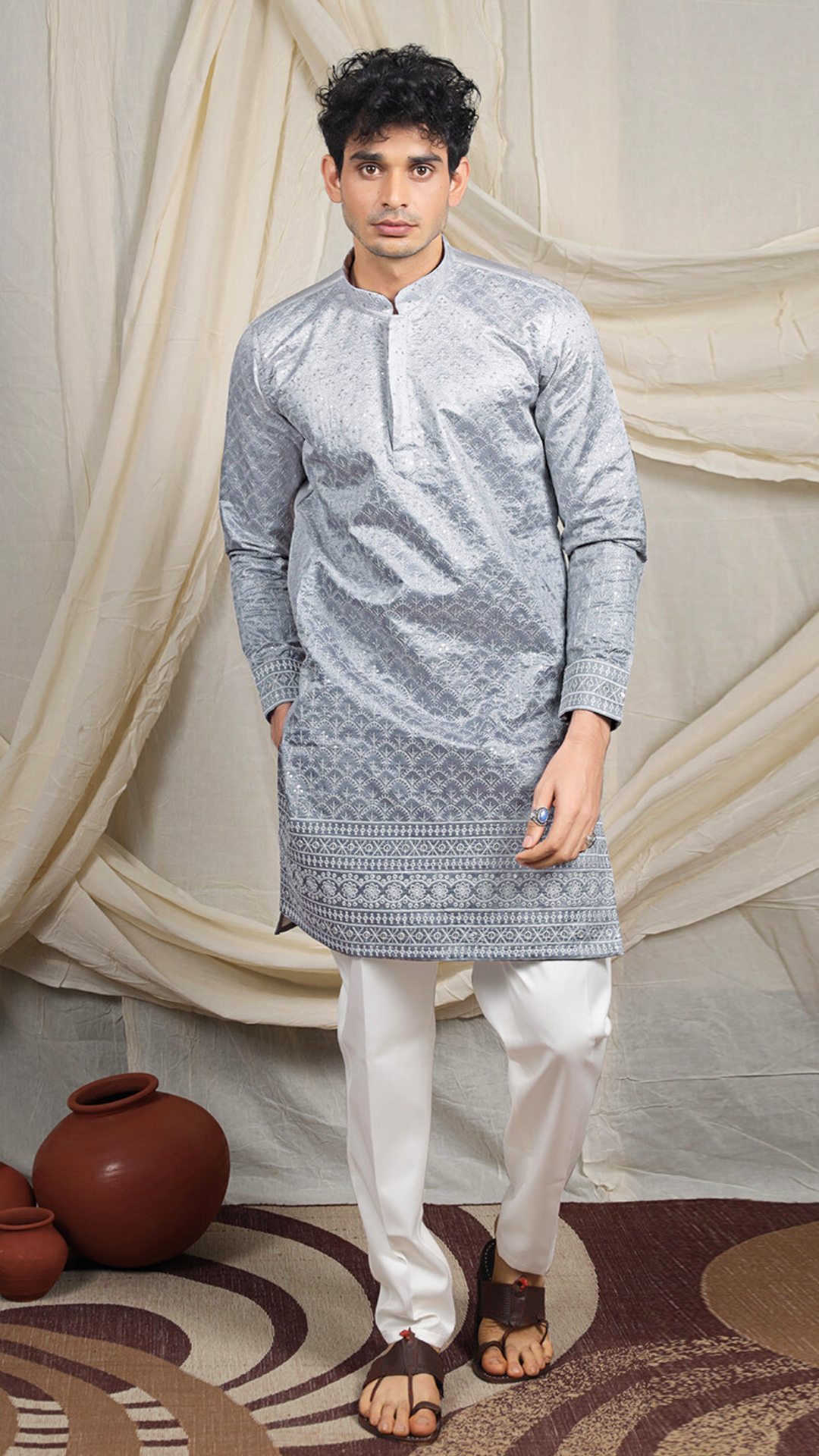Grey Lucknowi Embroidery Work Kurta