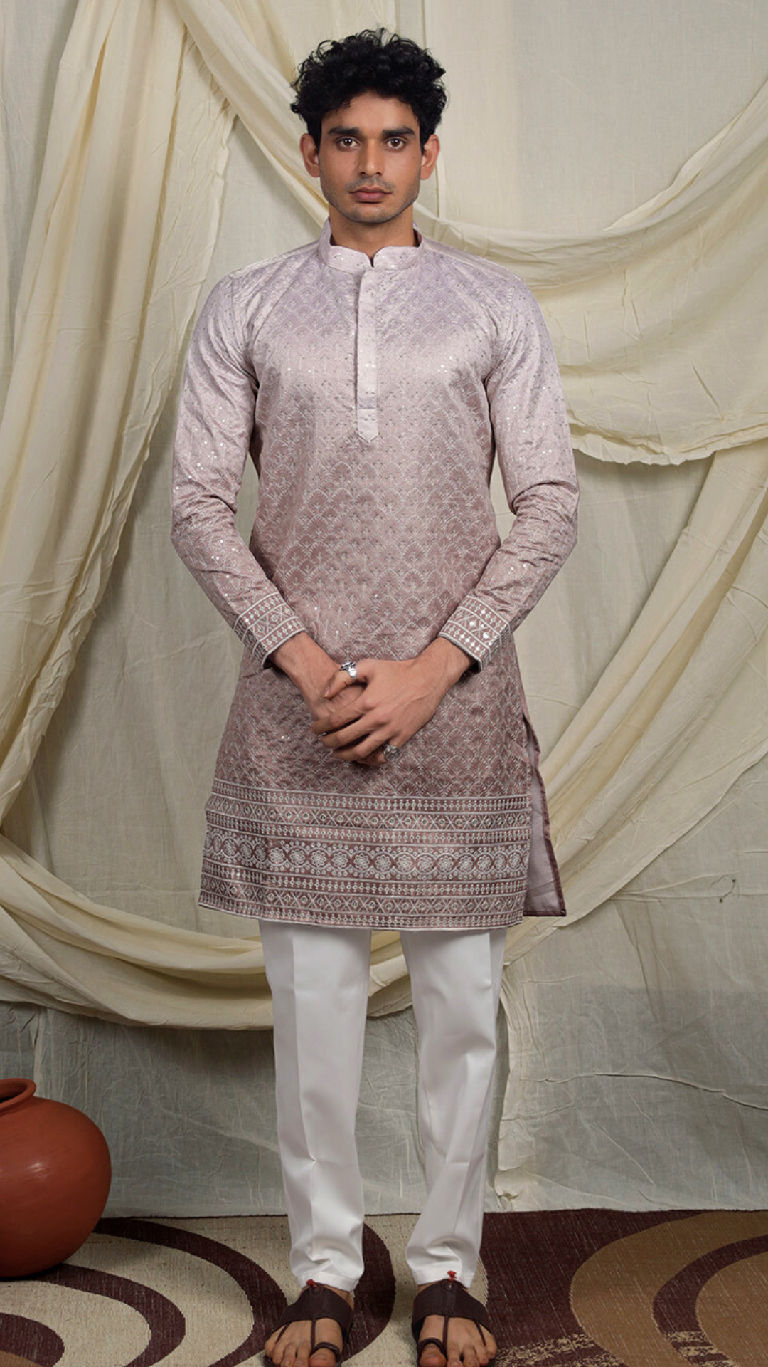 Cream Lucknowi Embroidery Work Kurta