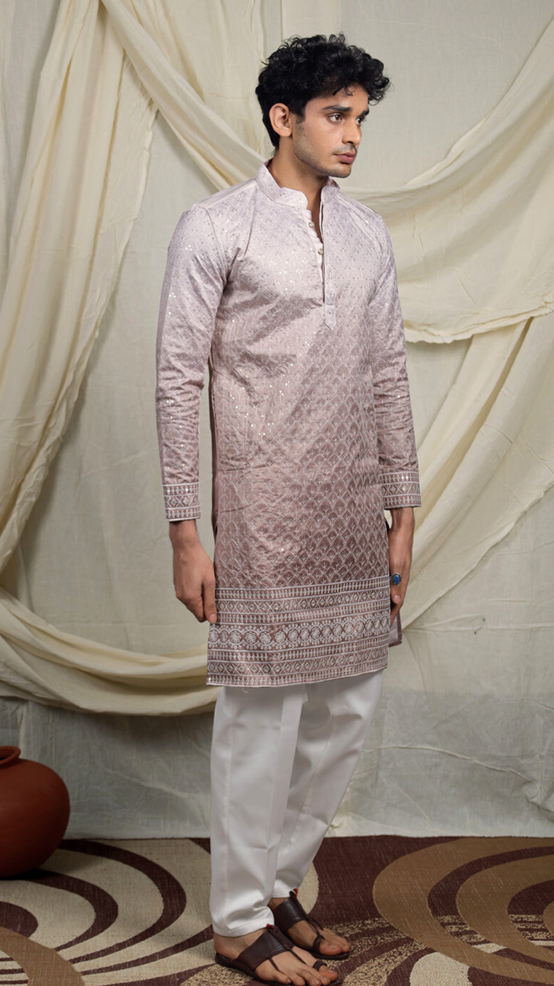 Cream Lucknowi Embroidery Work Kurta