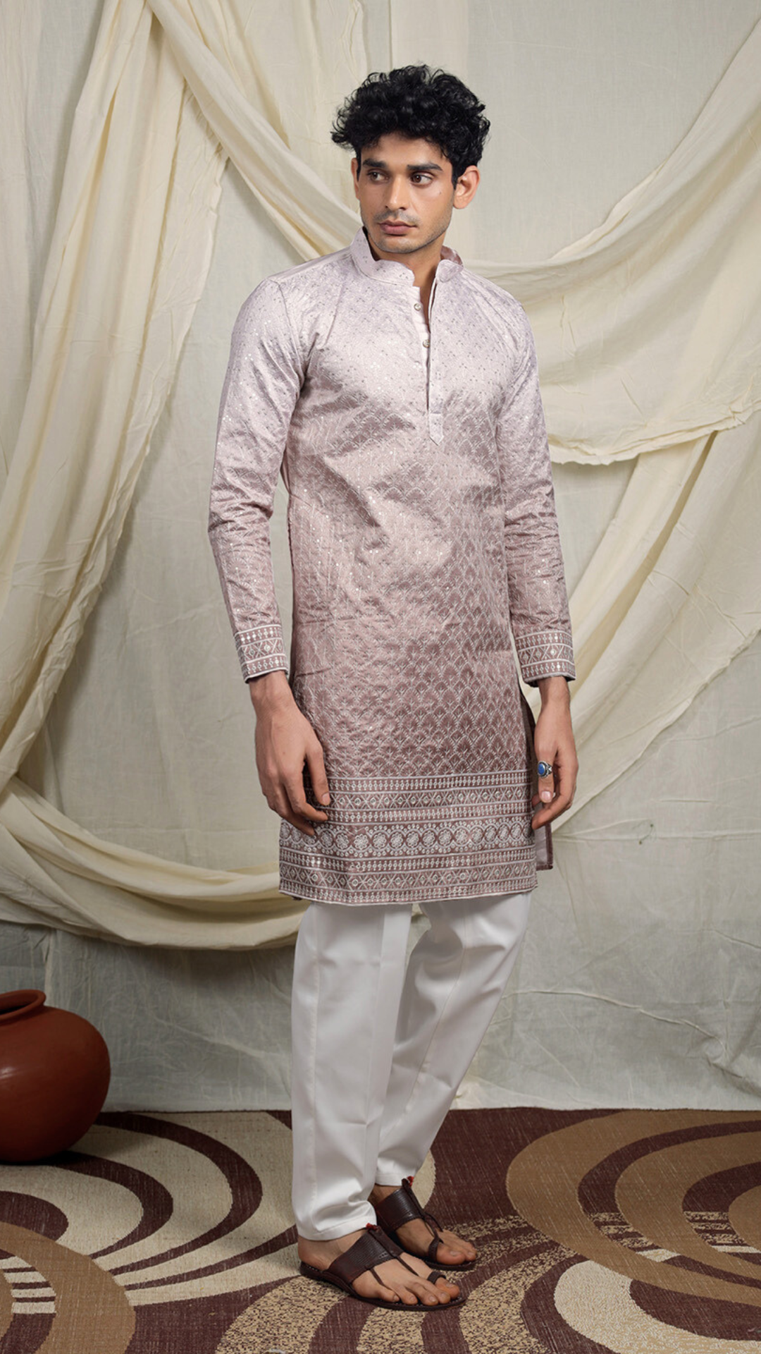 Cream Lucknowi Embroidery Work Kurta