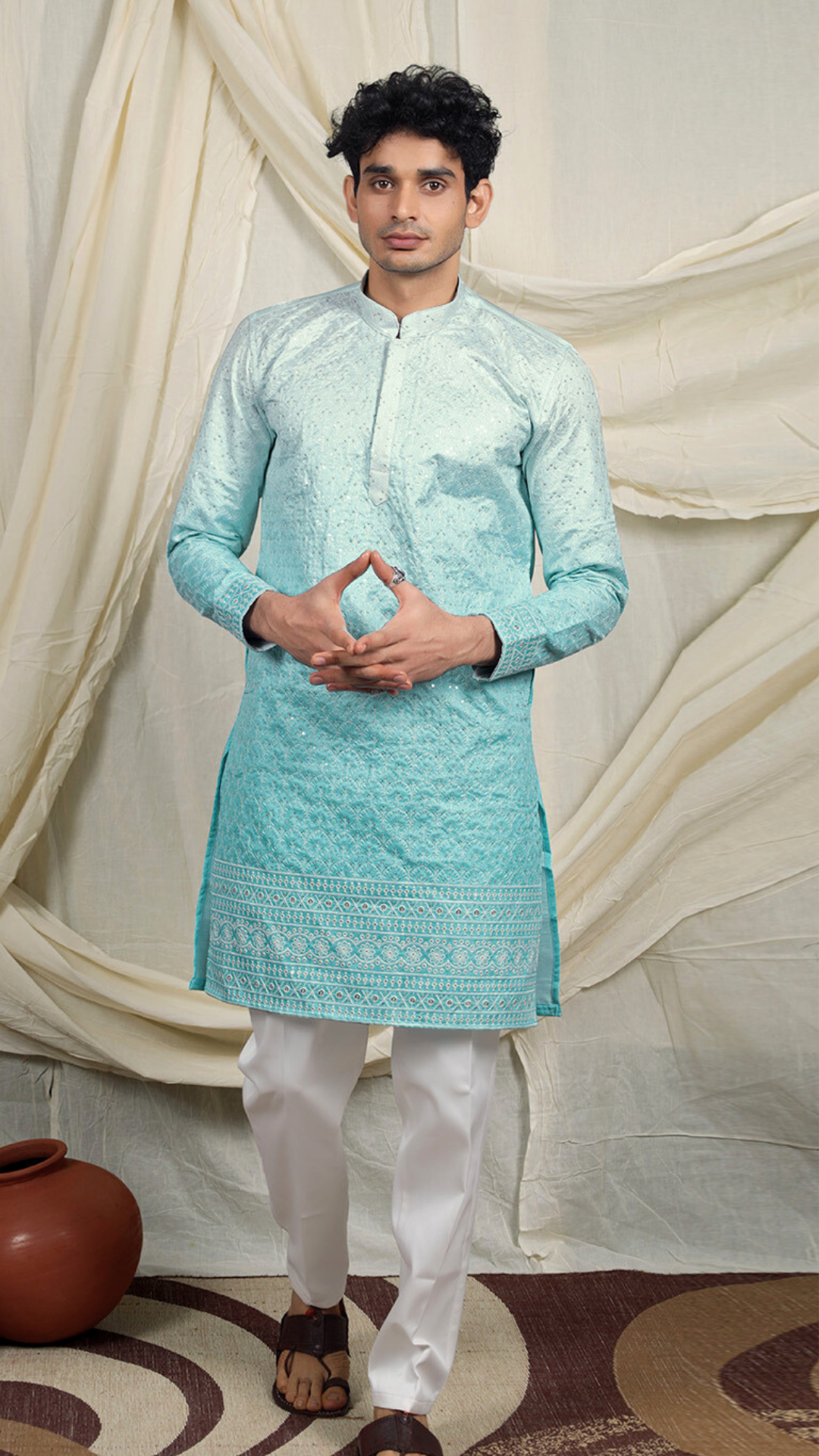 Mint Green Silk Blend Lucknowi Embroidered Kurta