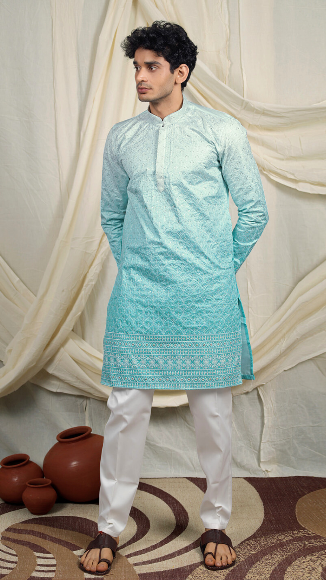 Mint Green Silk Blend Lucknowi Embroidered Kurta