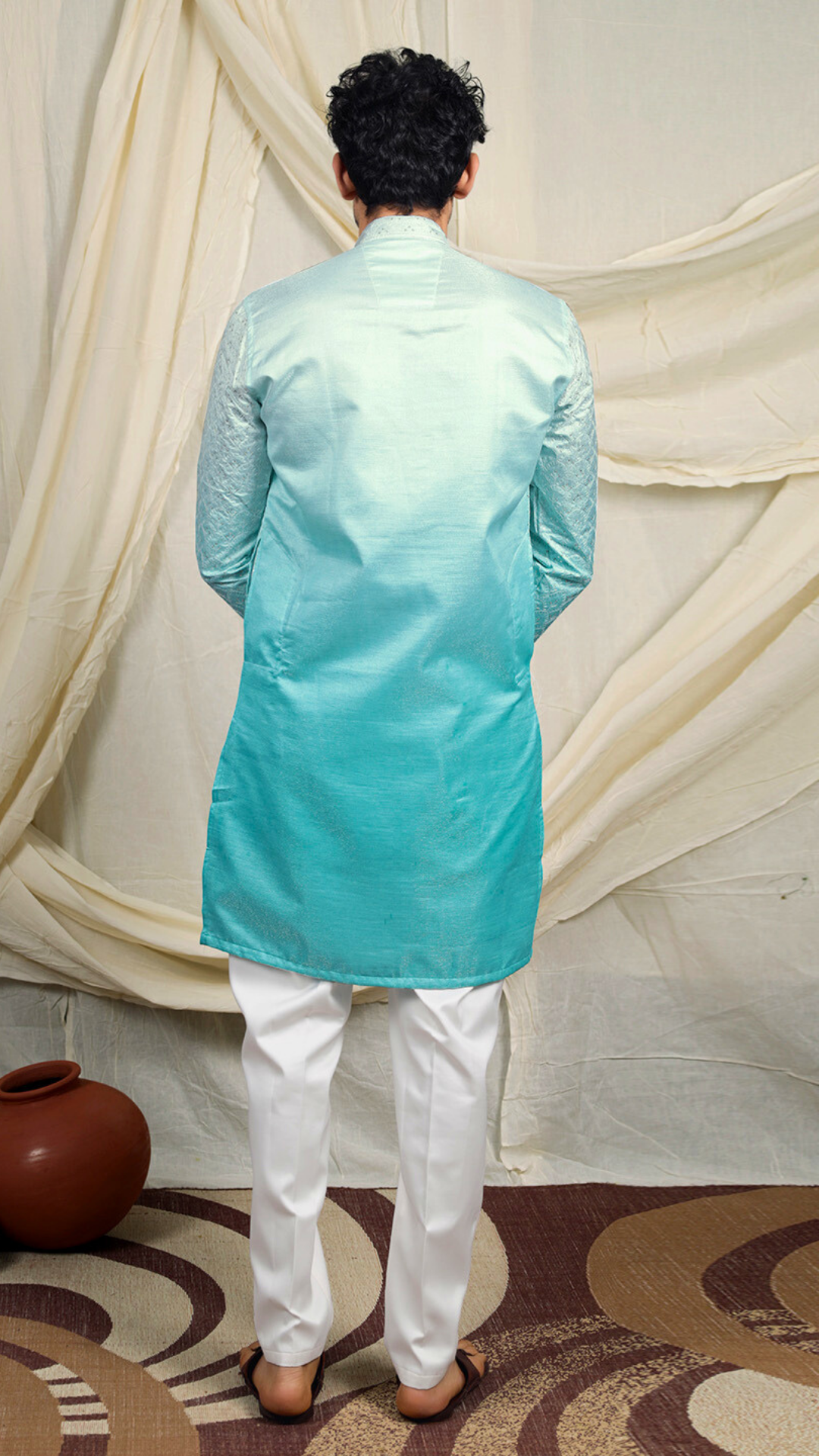 Mint Green Silk Blend Lucknowi Embroidered Kurta