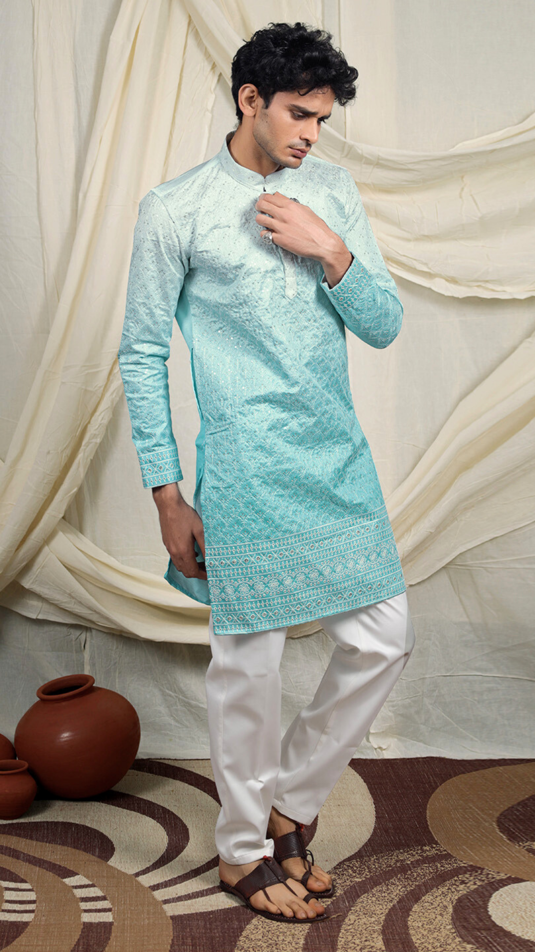 Mint Green Silk Blend Lucknowi Embroidered Kurta
