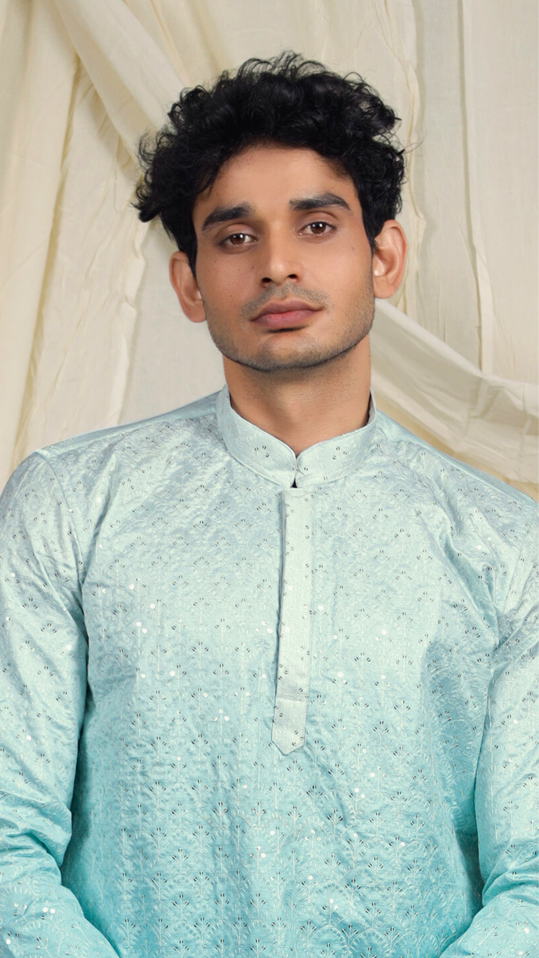 Mint Green Silk Blend Lucknowi Embroidered Kurta