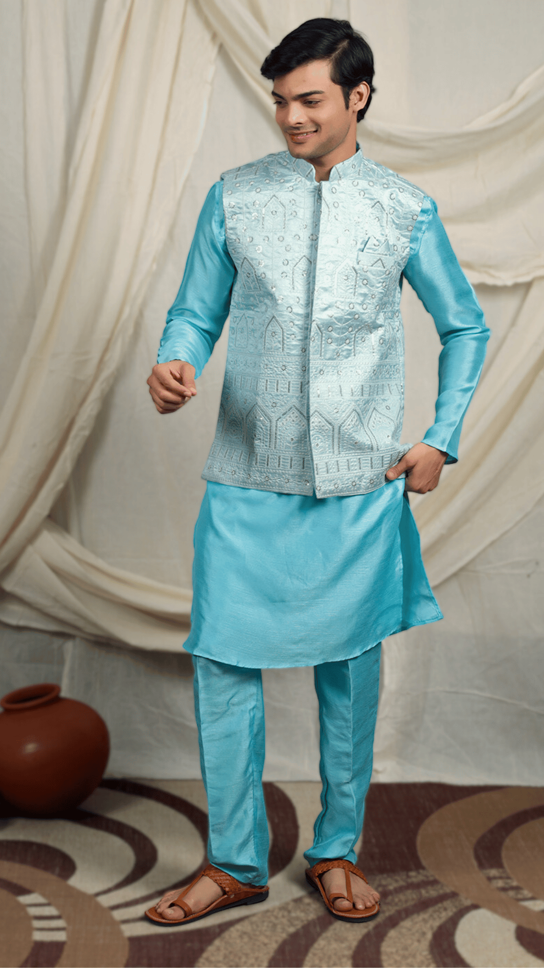 Blue Silk Blend Kurta Pant with Nehru Jacket