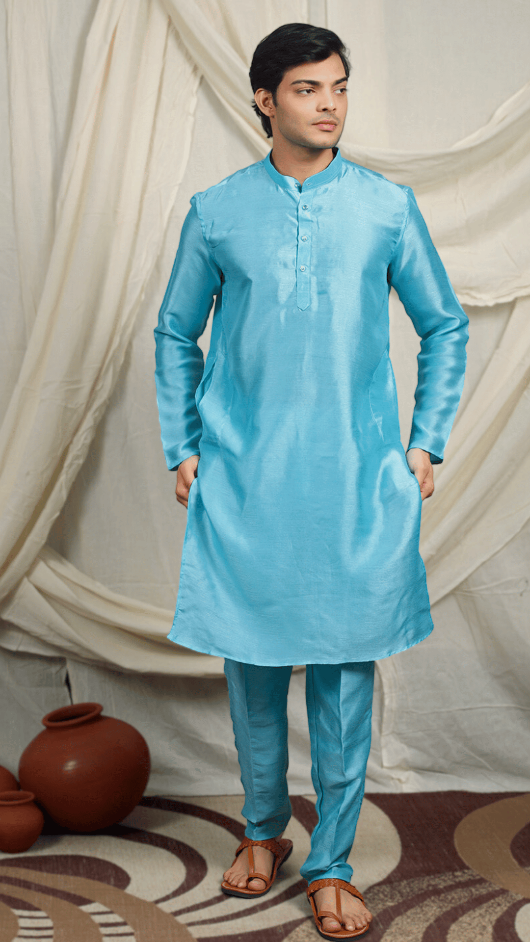 Blue Silk Blend Kurta Pant with Nehru Jacket