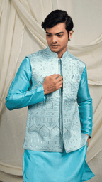 Blue Silk Blend Kurta Pant with Nehru Jacket