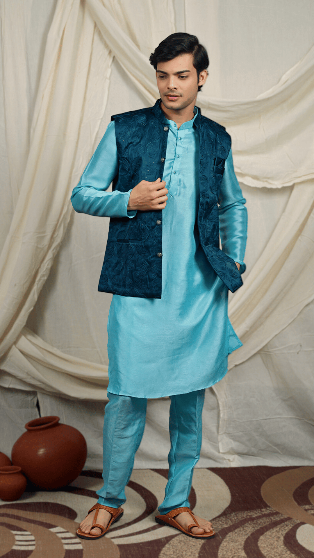 Blue Silk Blend Kurta Set with Textured Nehru Jacket