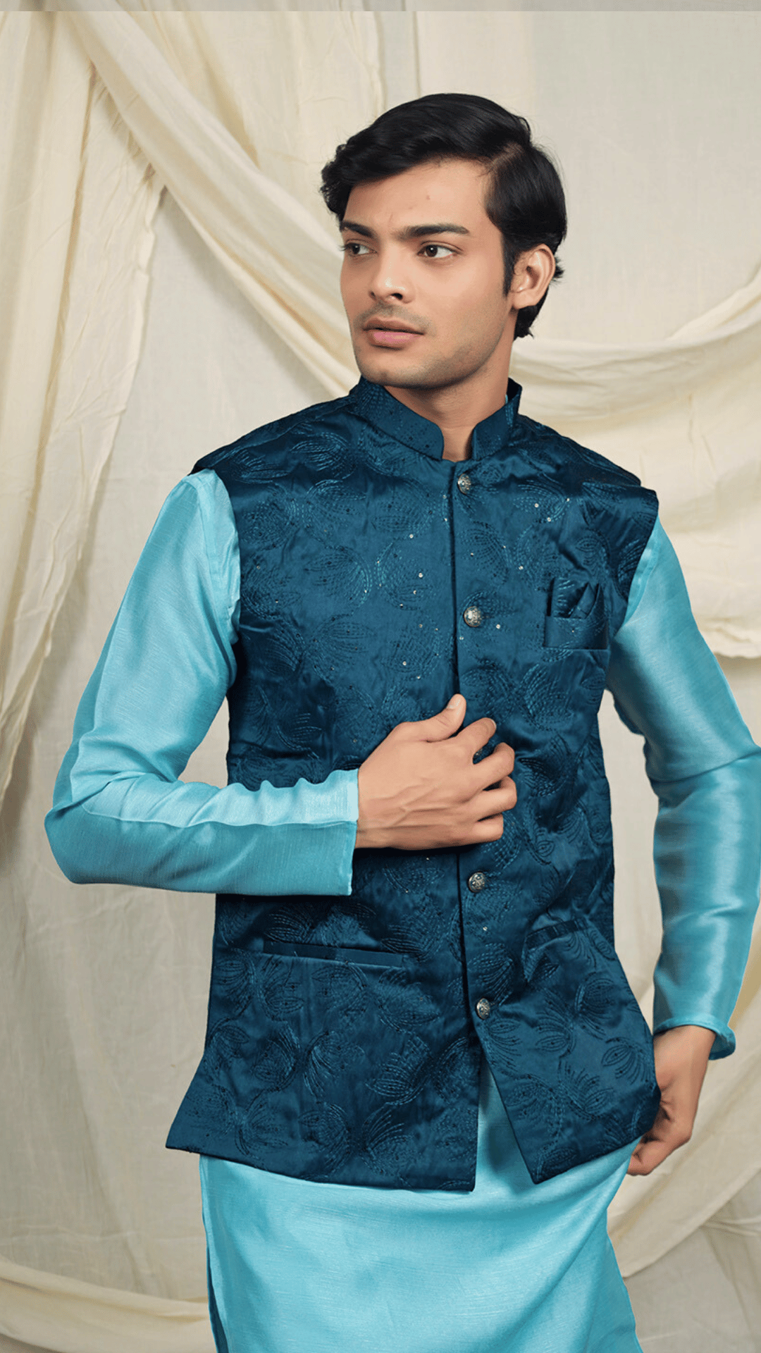 Blue Silk Blend Kurta Set with Textured Nehru Jacket