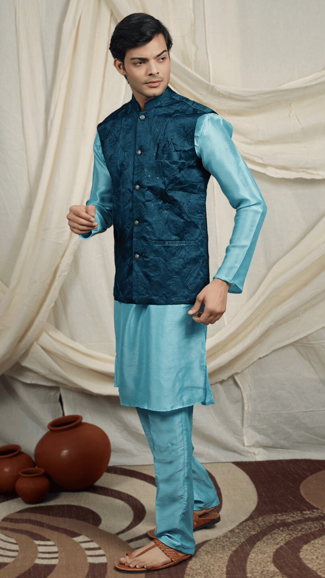 Blue Silk Blend Kurta Set with Textured Nehru Jacket