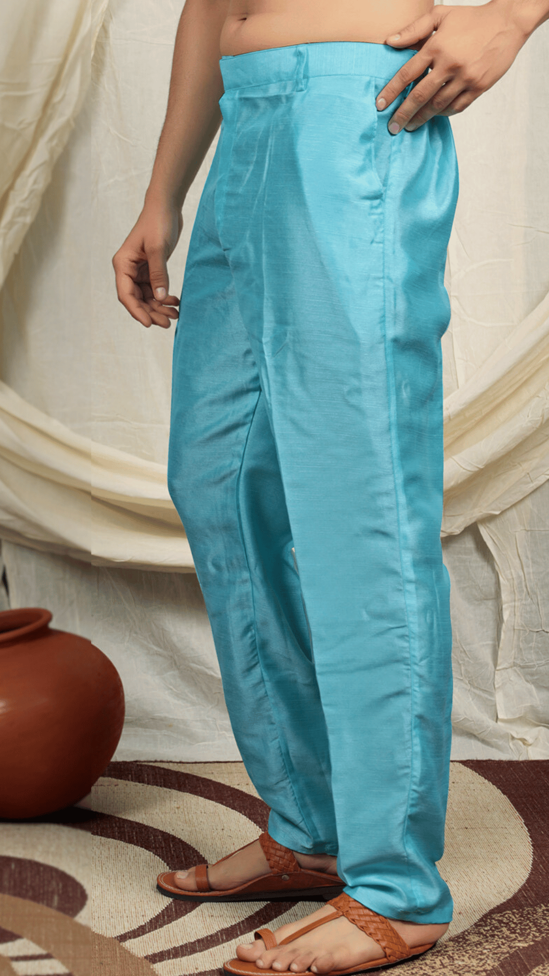 Blue Silk Blend Kurta Set with Textured Nehru Jacket