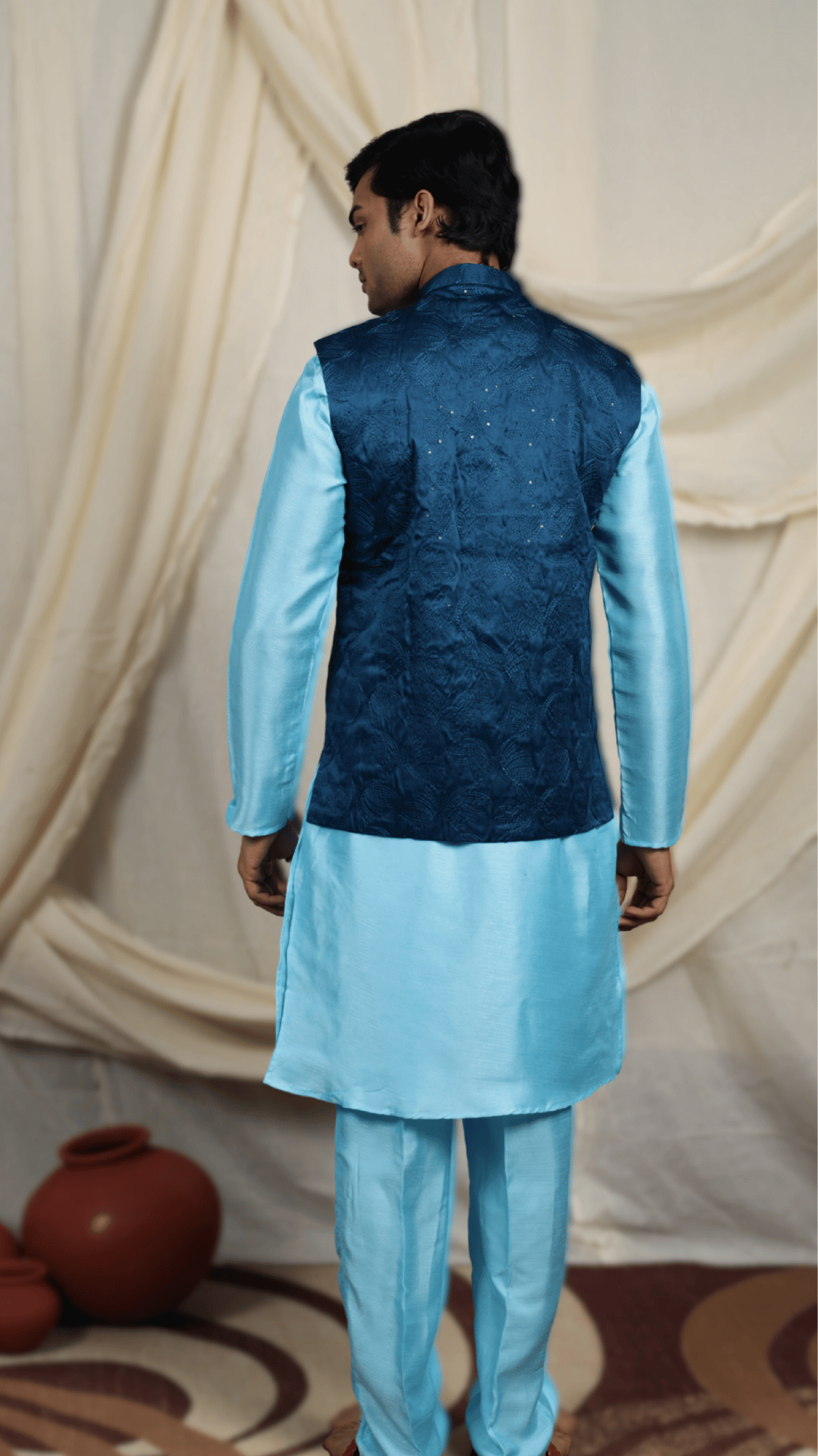 Blue Silk Blend Kurta Set with Textured Nehru Jacket