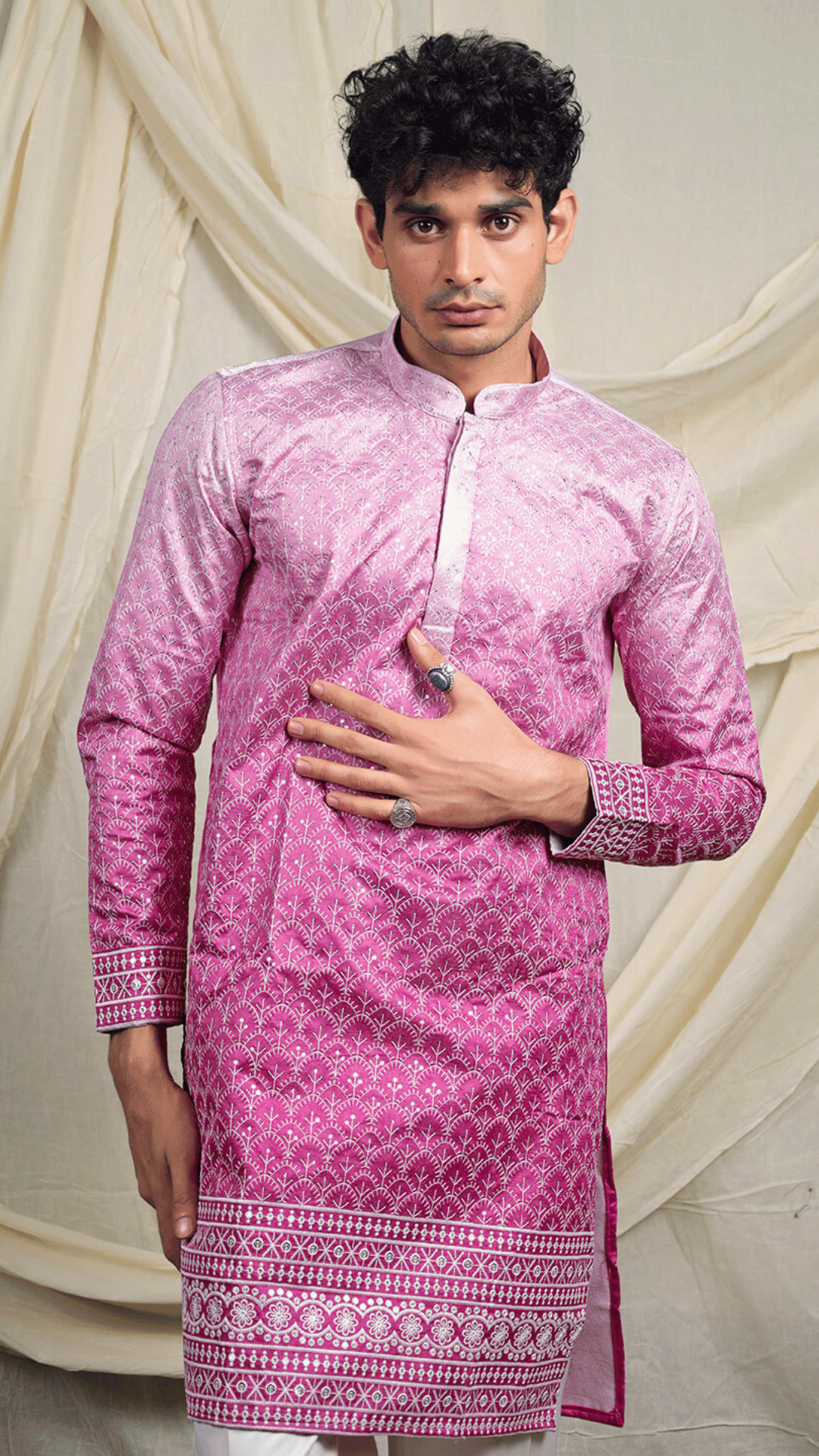 Magenta Silk Blend Lucknowi Embroidered Kurta for Men