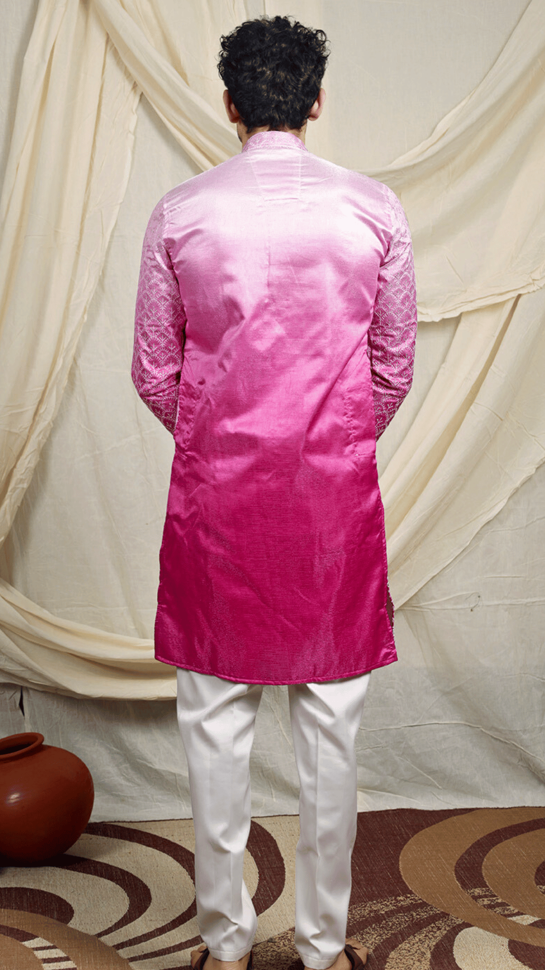 Magenta Silk Blend Lucknowi Embroidered Kurta for Men