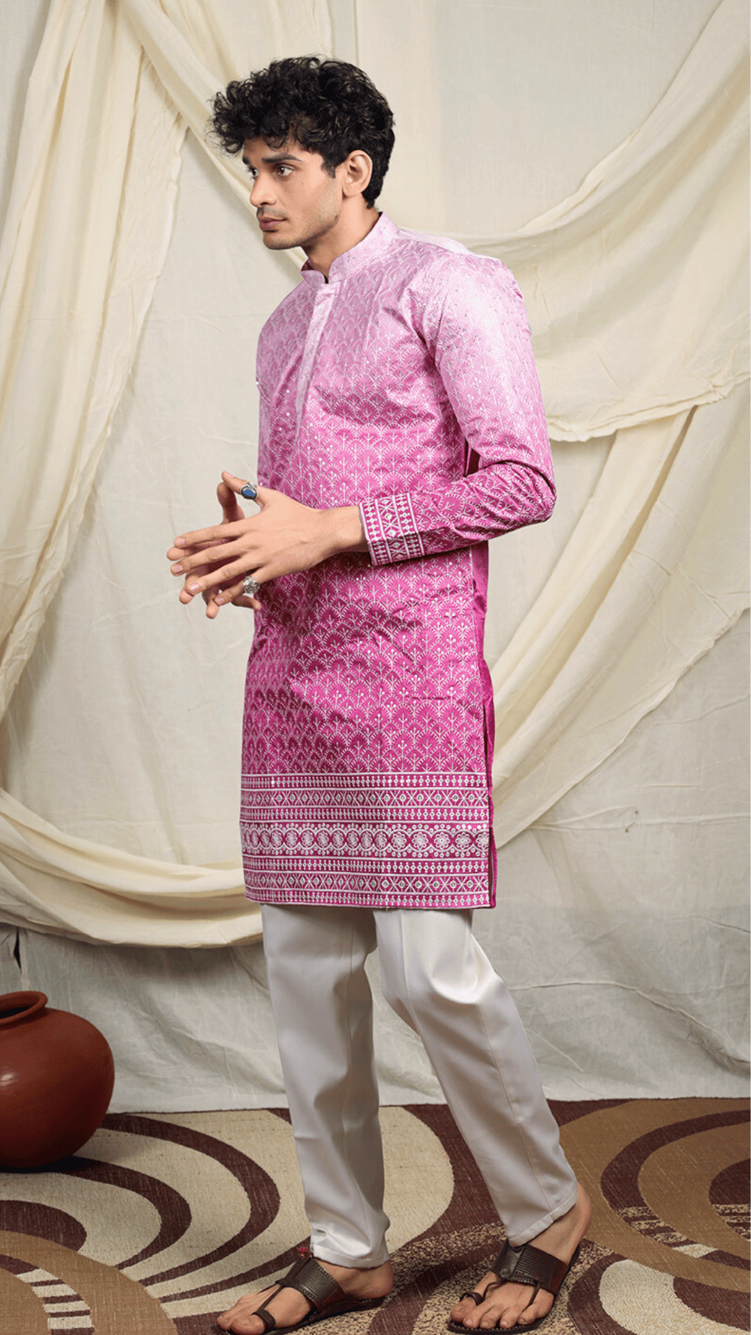 Magenta Silk Blend Lucknowi Embroidered Kurta for Men