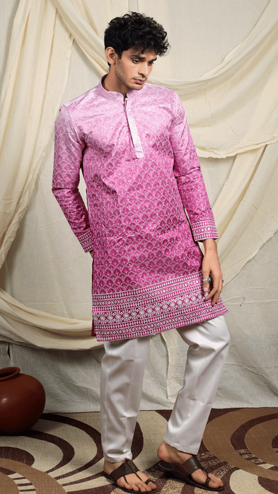 Magenta Silk Blend Lucknowi Embroidered Kurta for Men