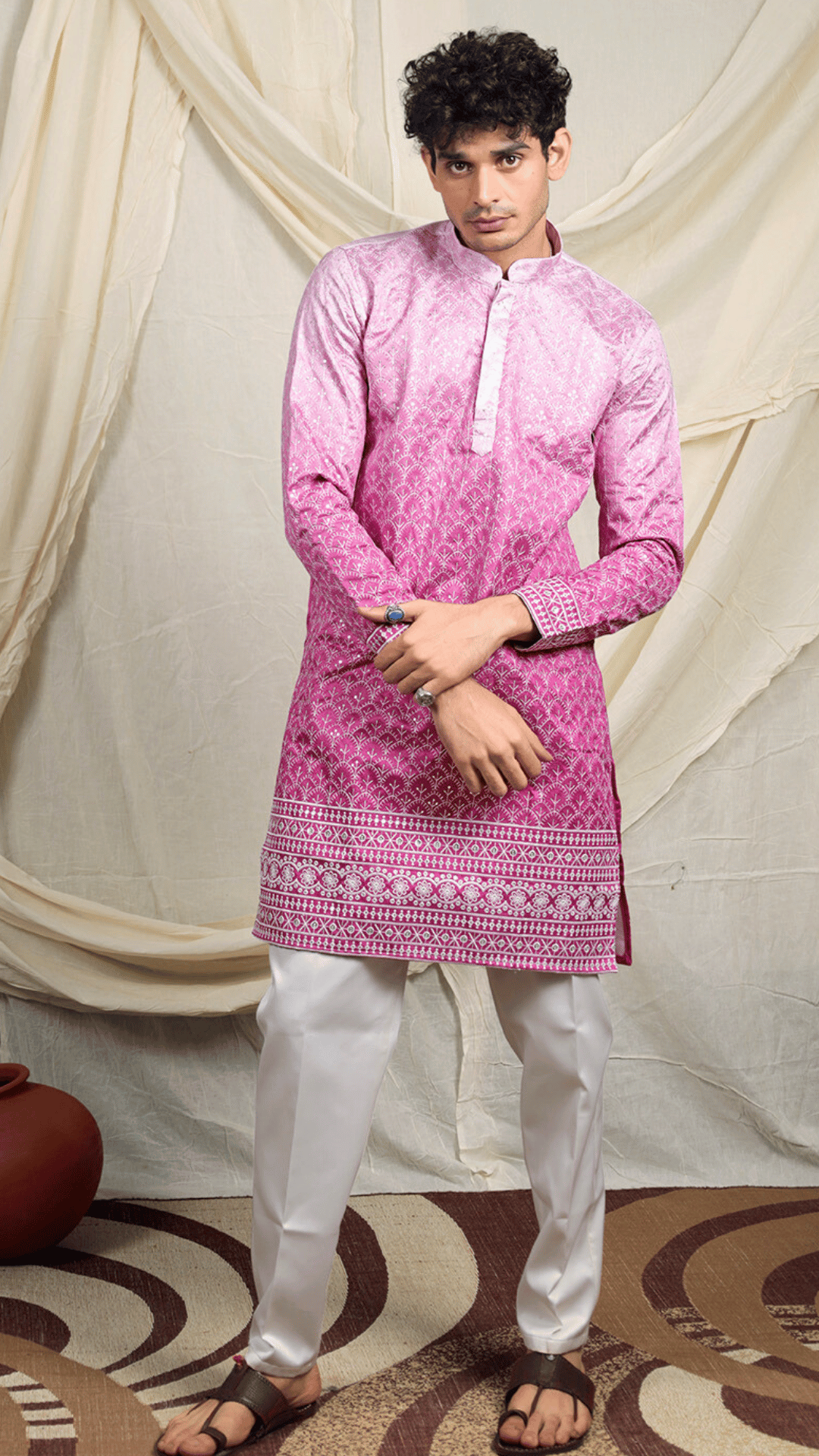 Magenta Silk Blend Lucknowi Embroidered Kurta for Men