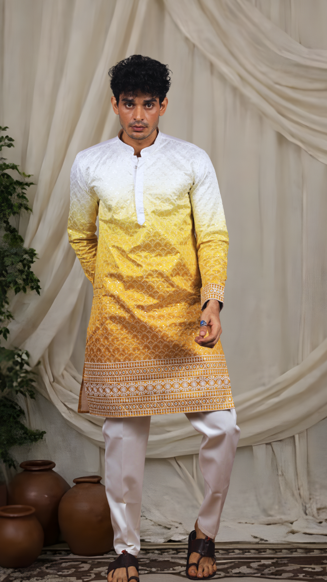 Mustard Silk Blend Lucknowi Embroidered Kurta
