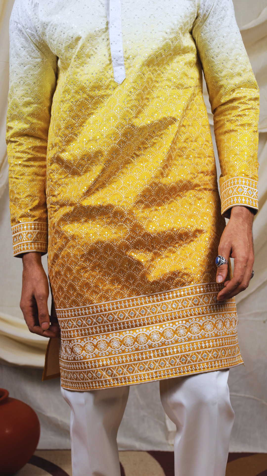 Mustard Silk Blend Lucknowi Embroidered Kurta