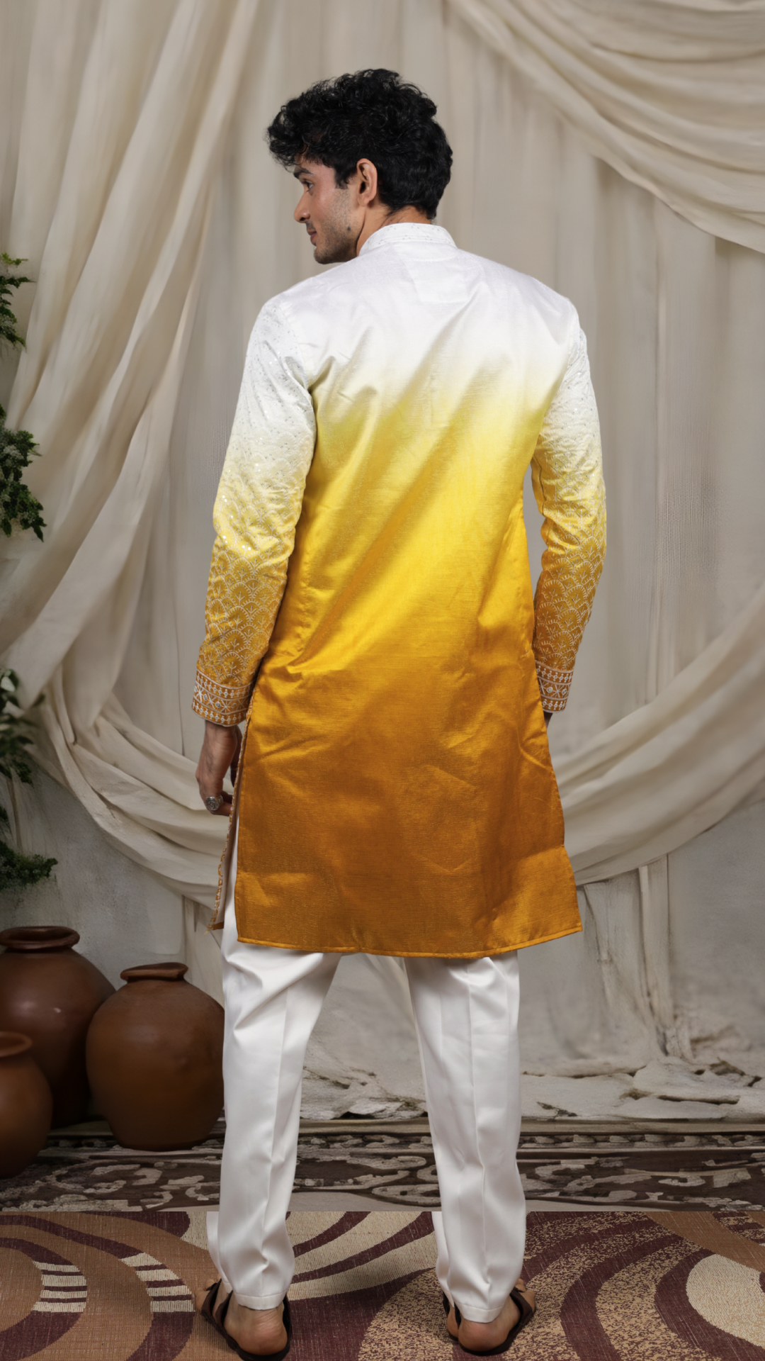 Mustard Silk Blend Lucknowi Embroidered Kurta