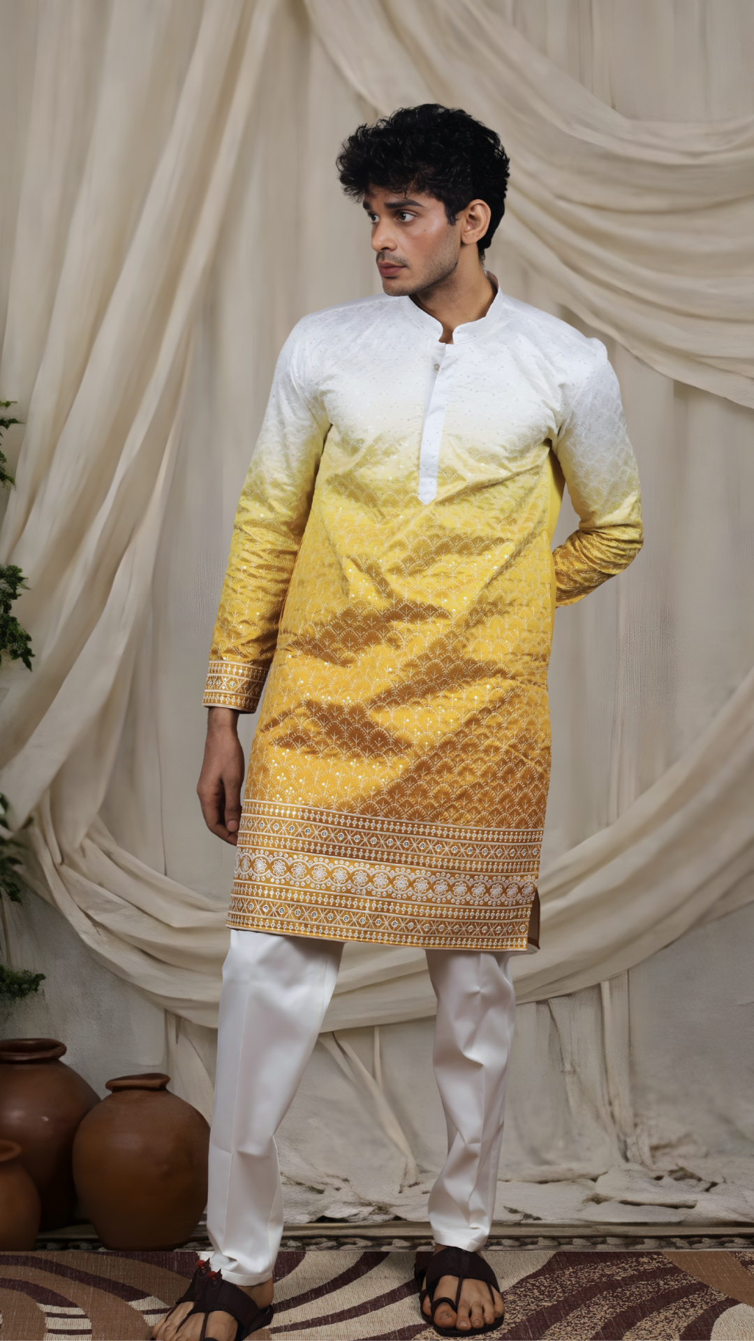 Mustard Silk Blend Lucknowi Embroidered Kurta