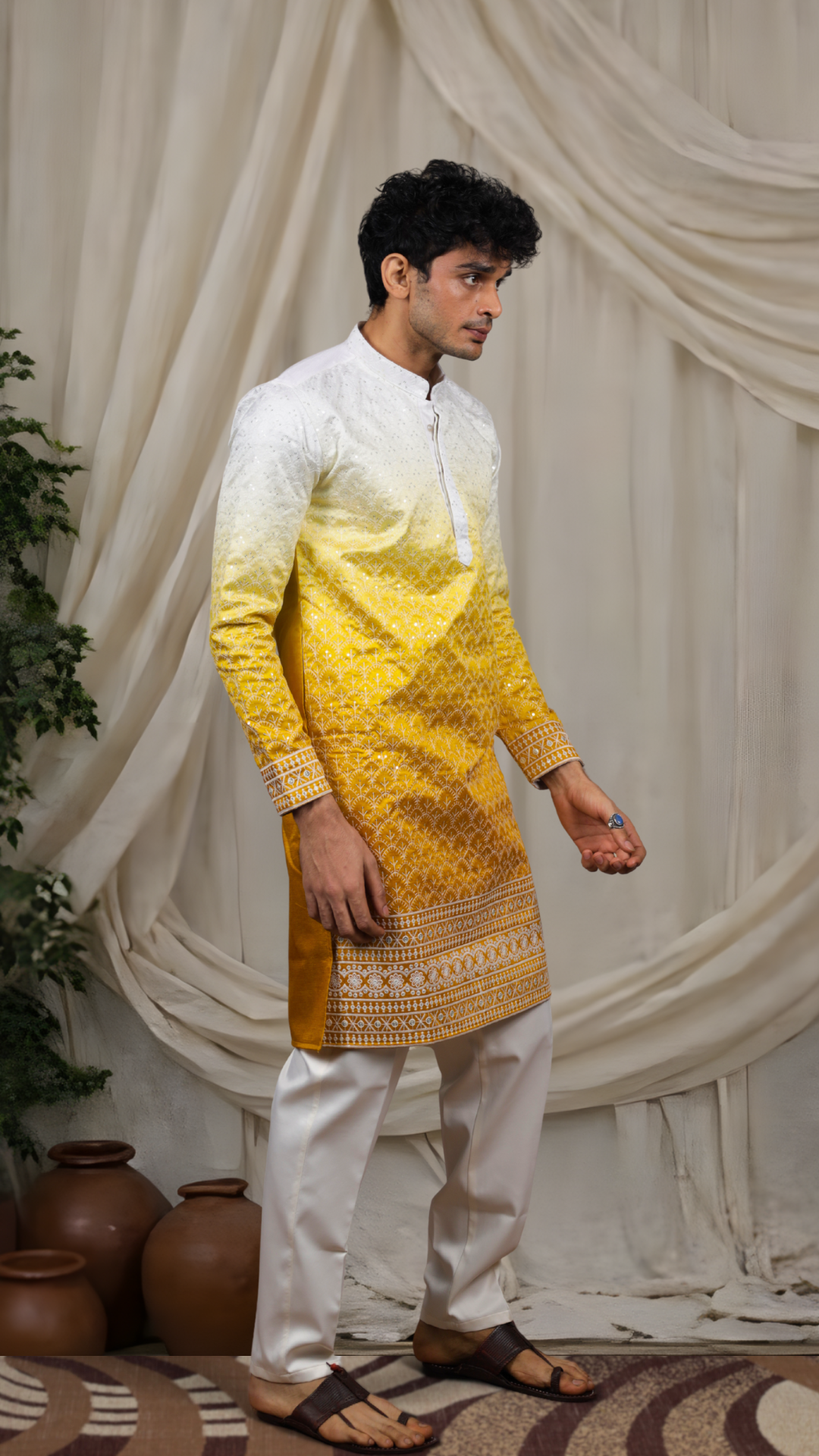 Mustard Silk Blend Lucknowi Embroidered Kurta