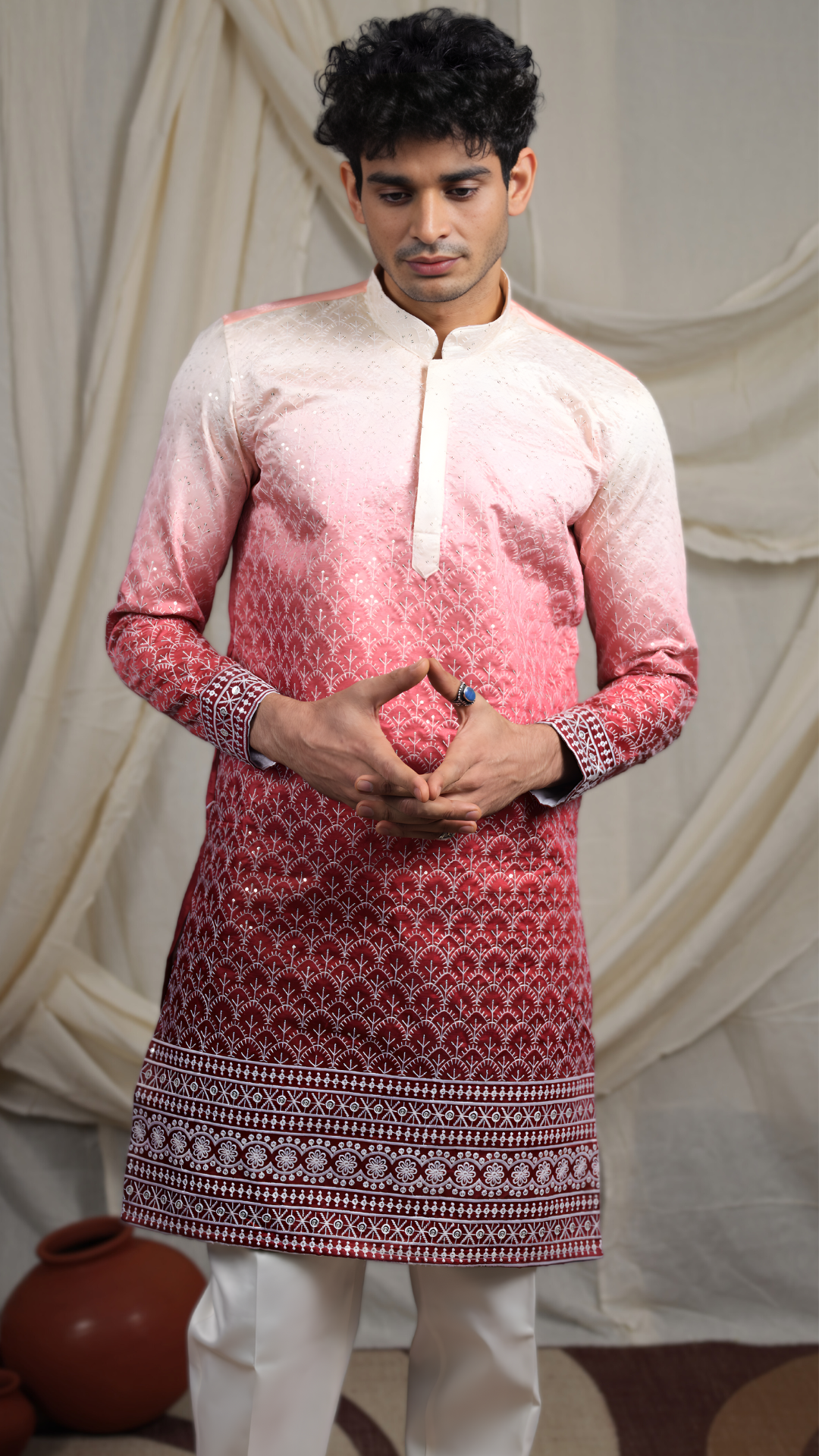 Maroon Silk Blend Lucknowi Embroidered Kurta