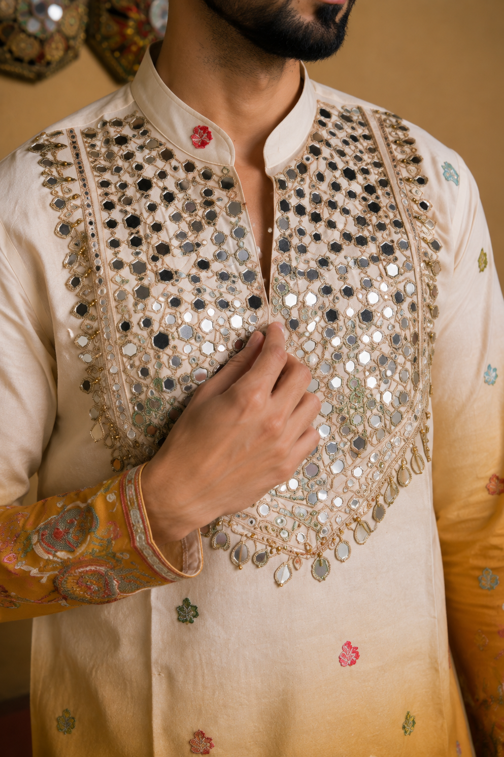 Royal Mirrorwork Mustard Silk Kurta