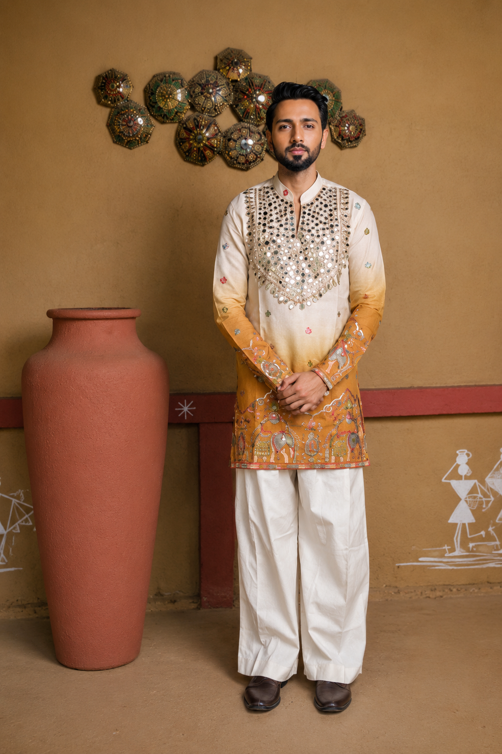 Royal Mirrorwork Mustard Silk Kurta
